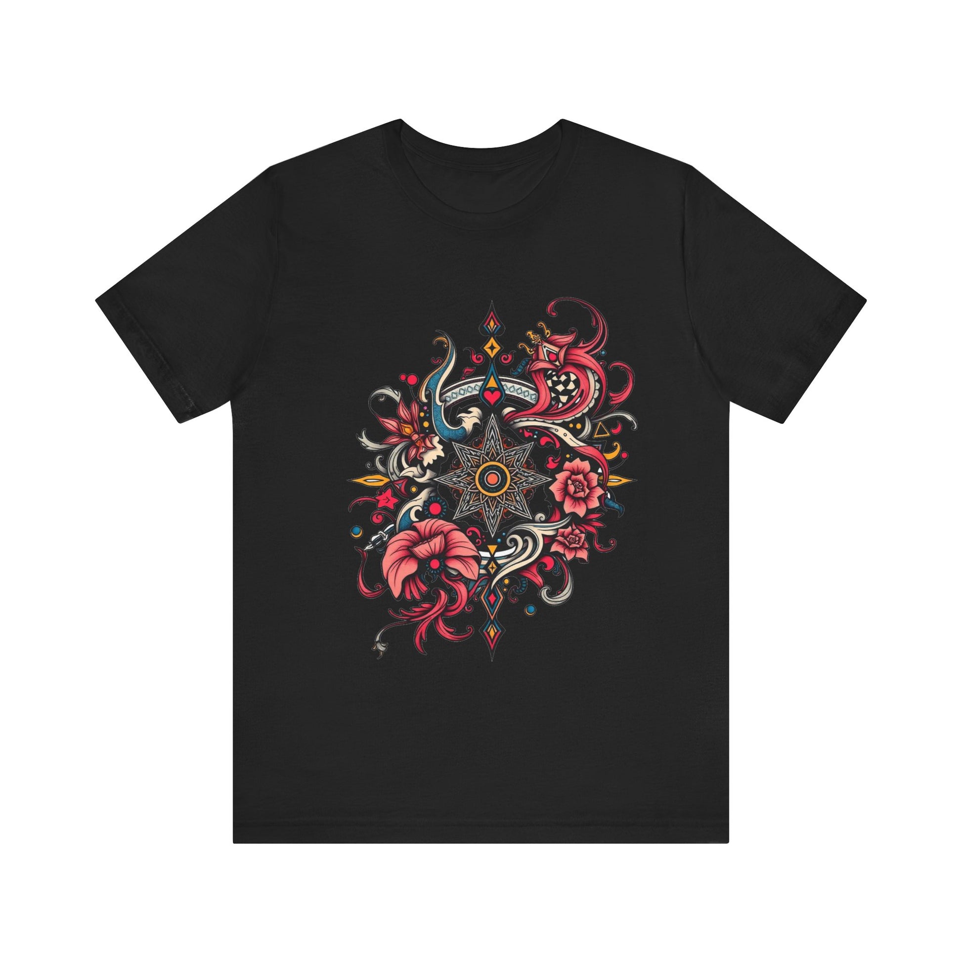 Vibrant tee with ornate red floral mandala design, offered in multiple bold color options