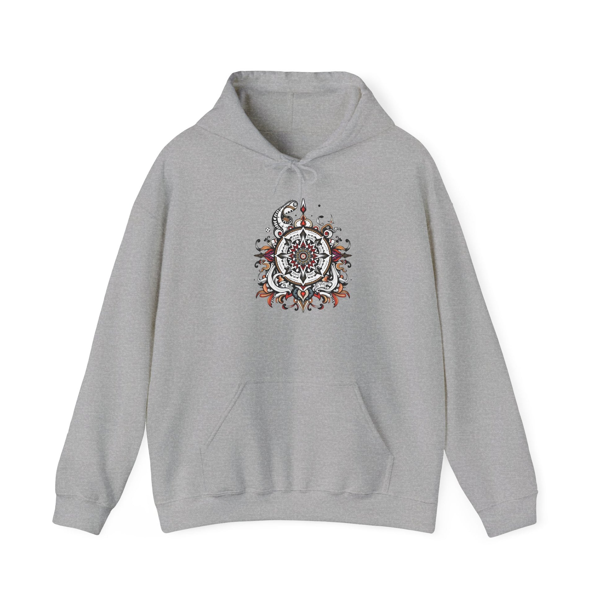 Cozy hoodie featuring a striking black, red, and white mandala, offered in vibrant color choices