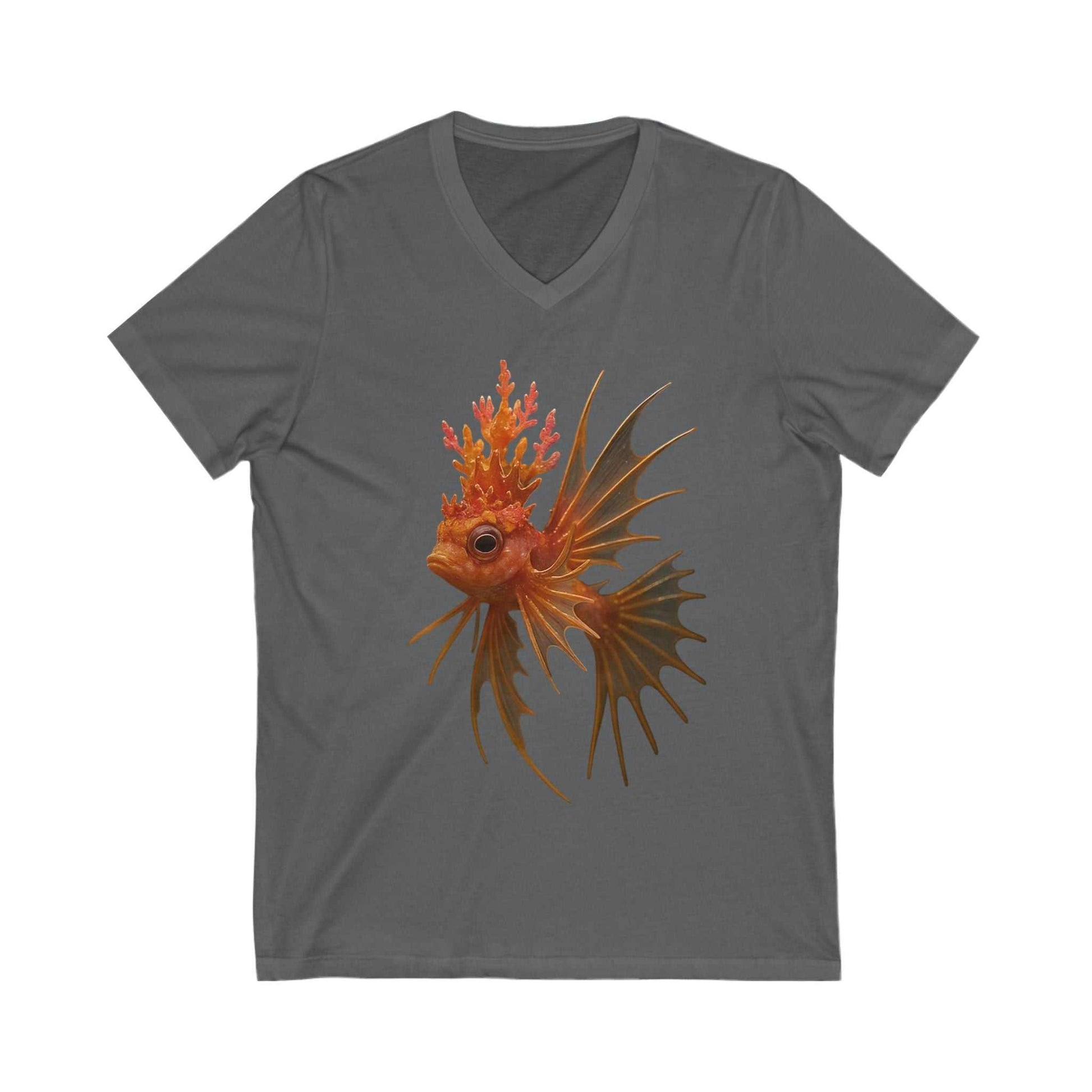 Unisex grey V-neck tee featuring a detailed coral crown fish illustration, lightweight and durable casual wear.