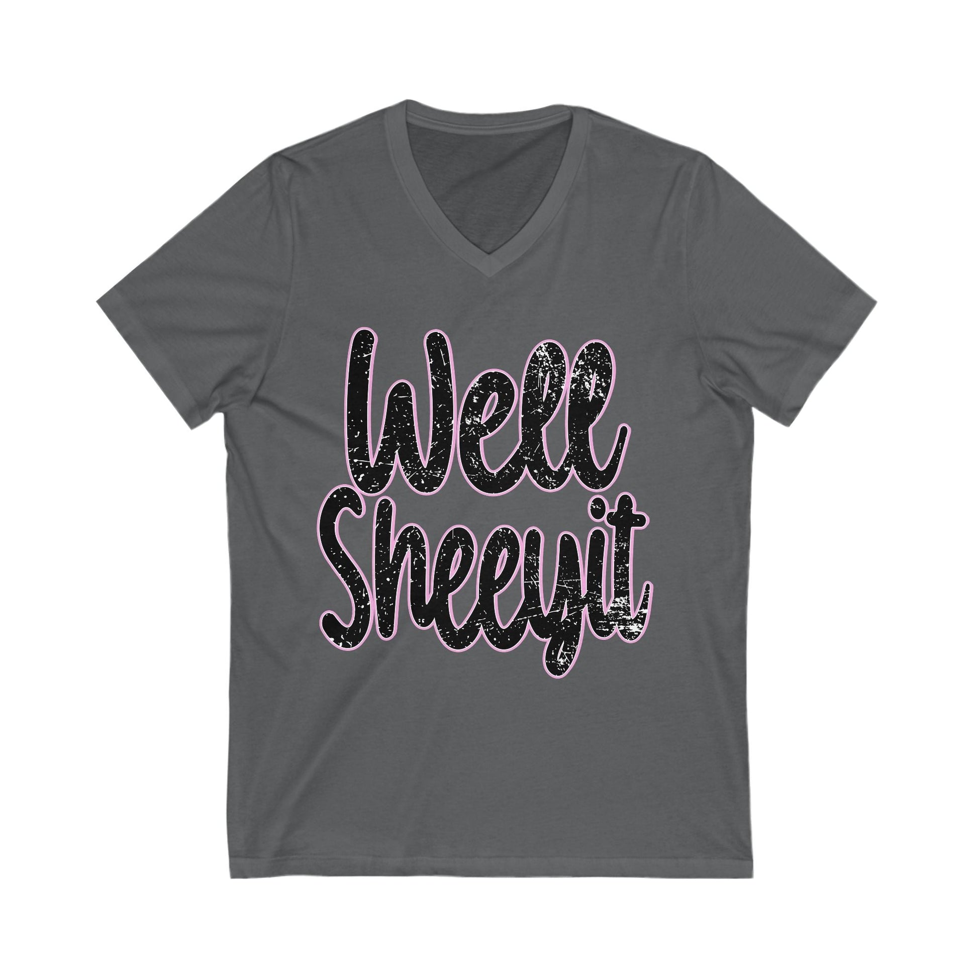 Charcoal grey Well Sheeyit V-Neck Tee with bold distressed text on front, casual unisex cotton short sleeve shirt