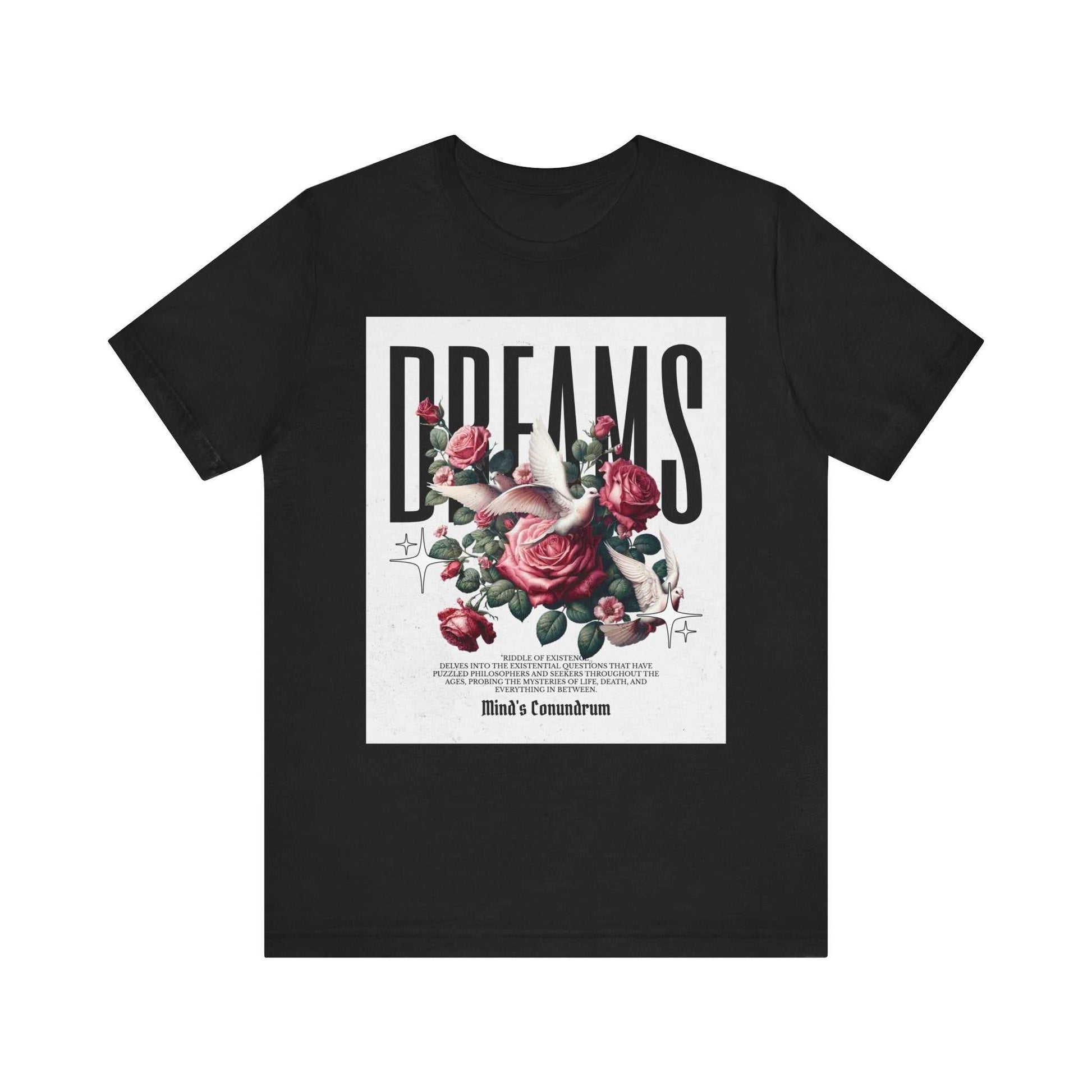 Black unisex Dreams Floral Tee with bold typography and red rose graphic design on the front
