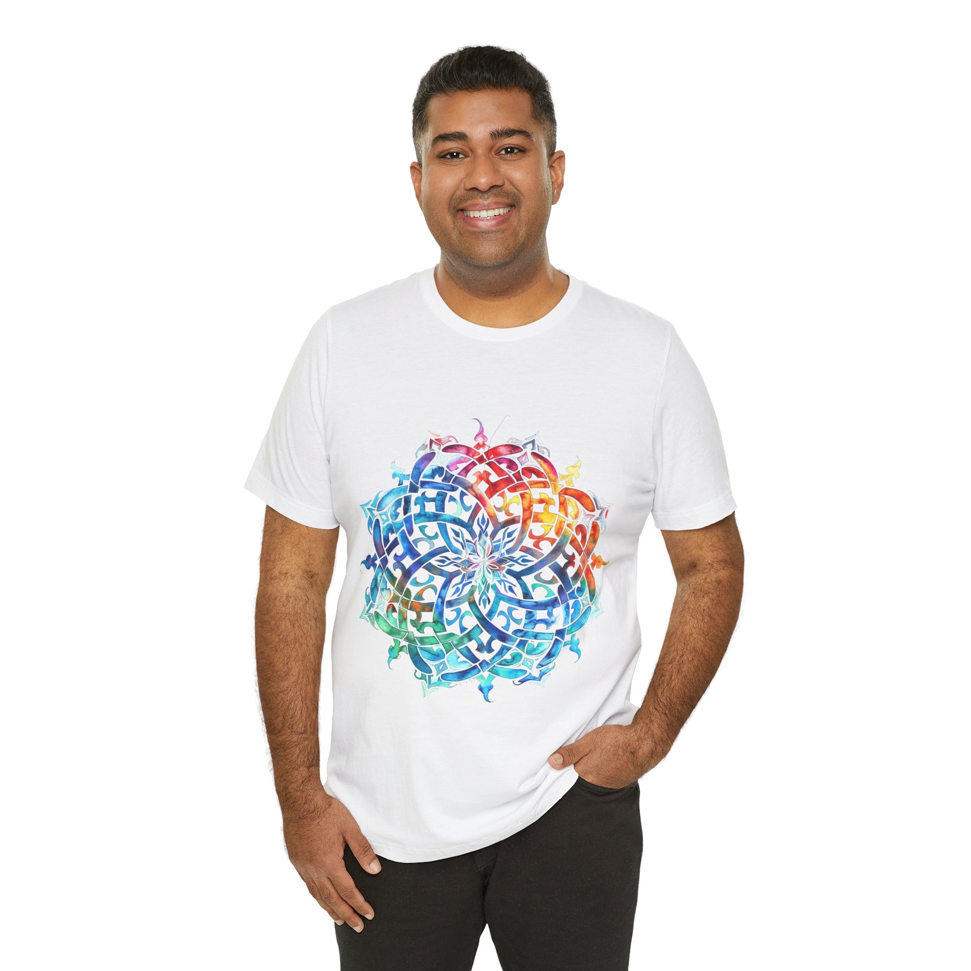 Artistic tee with a radiant rainbow mandala design, available in vibrant color options