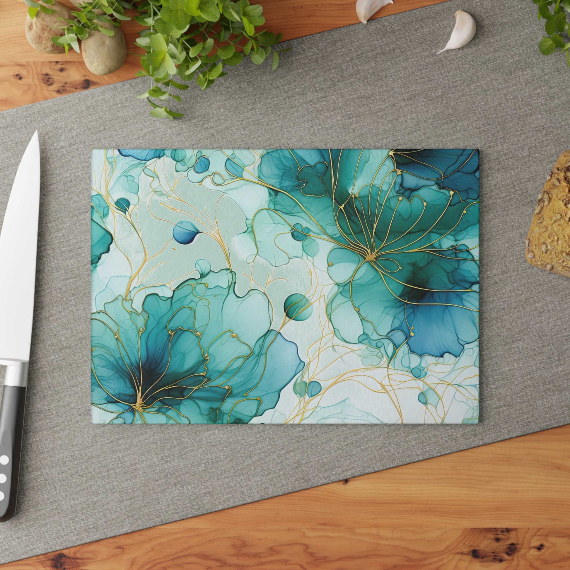 Teal Floral Glass Cutting Board – Elegant Gold Line Art Kitchen Decor