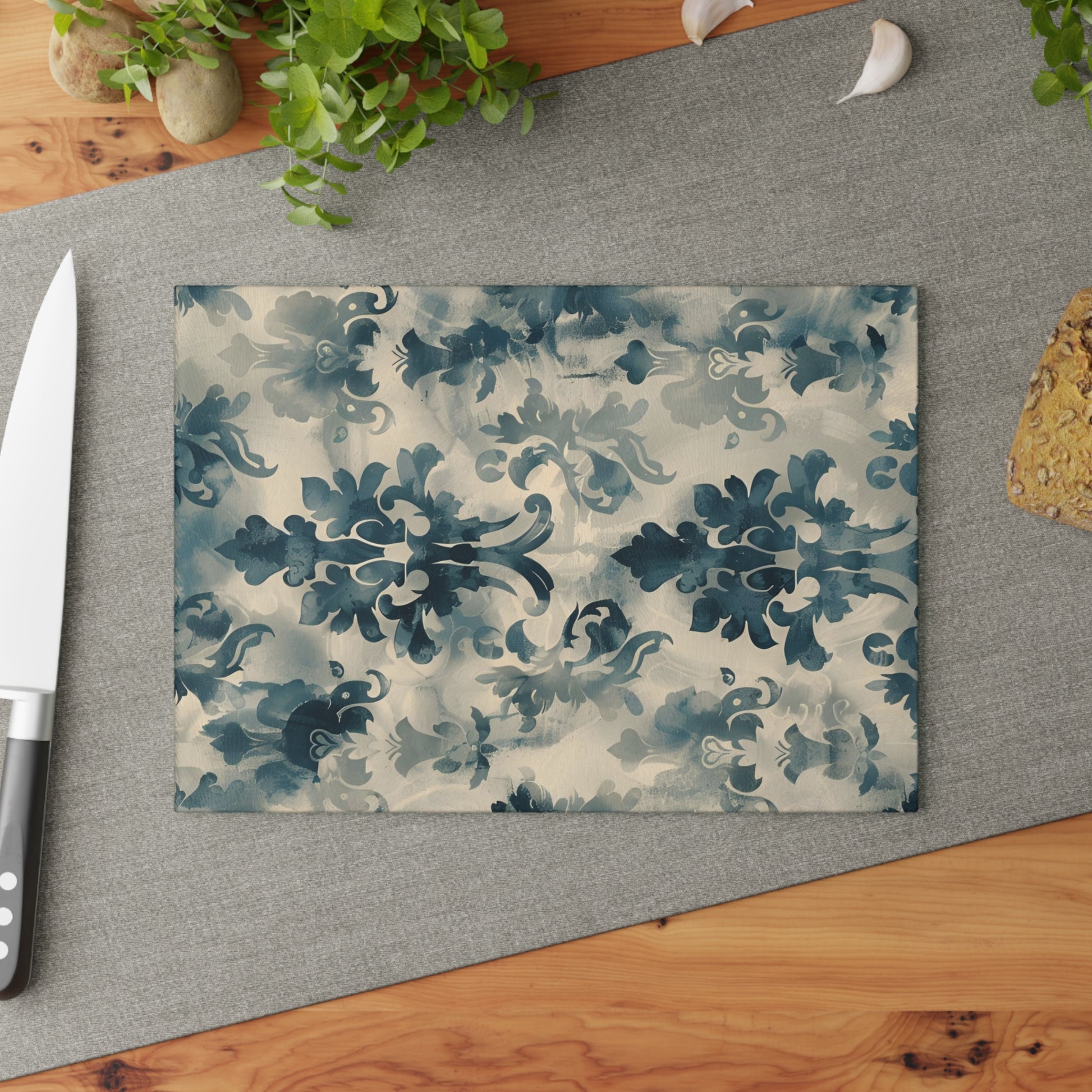 Blue Damask Pattern Glass Cutting Board with Vintage Style
