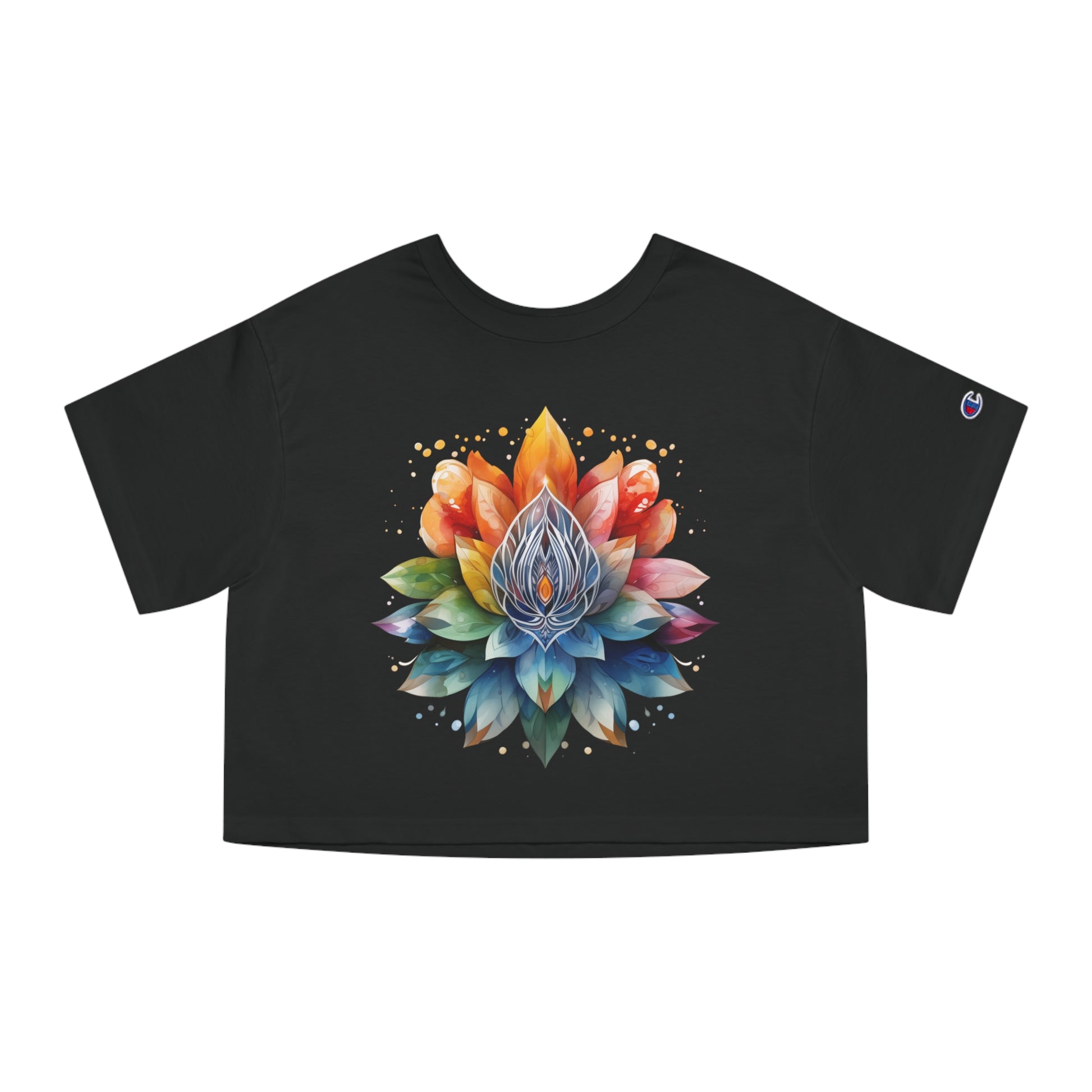 Cropped tee with a radiant rainbow lotus mandala, bursting in vivid, dreamy colors