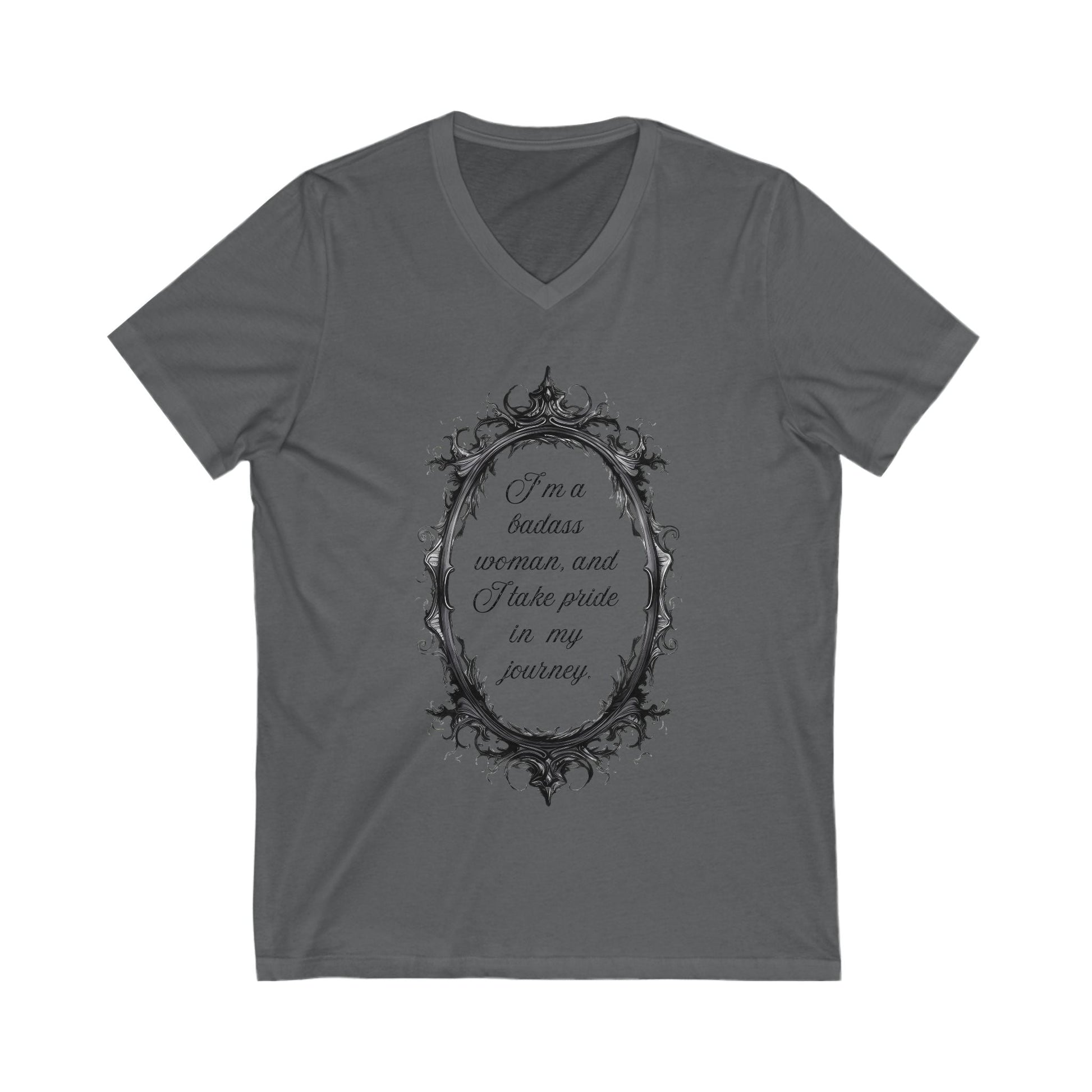 Gray empowering V-neck tee for women with ornate frame and motivational text design
