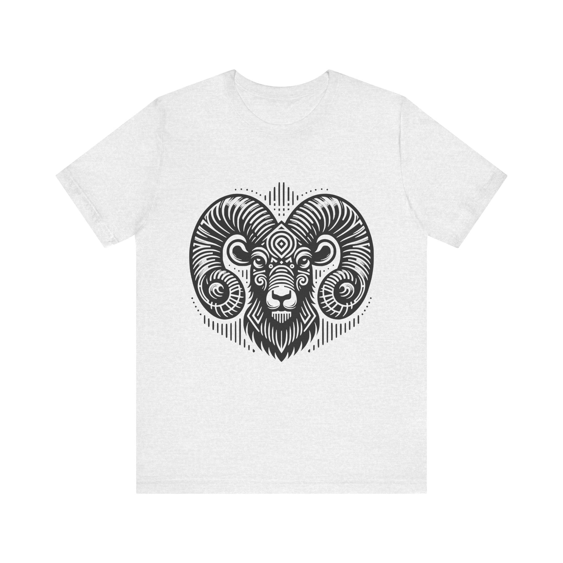 Striking tee with an intricate black tribal ram design, offered in vibrant color options