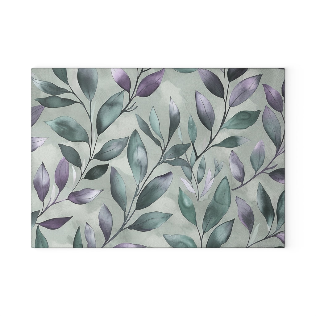 Sage Green Botanical Glass Cutting Board with Purple Leaf Pattern