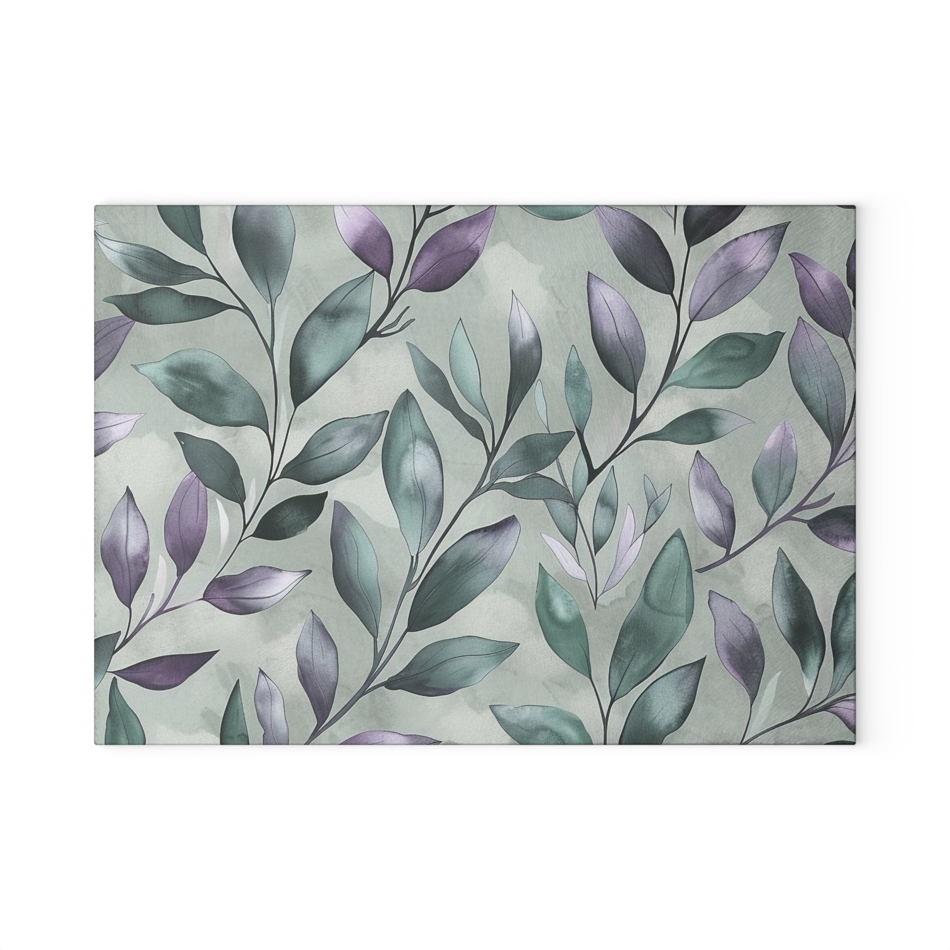 Sage Green Botanical Glass Cutting Board with Purple Leaf Pattern