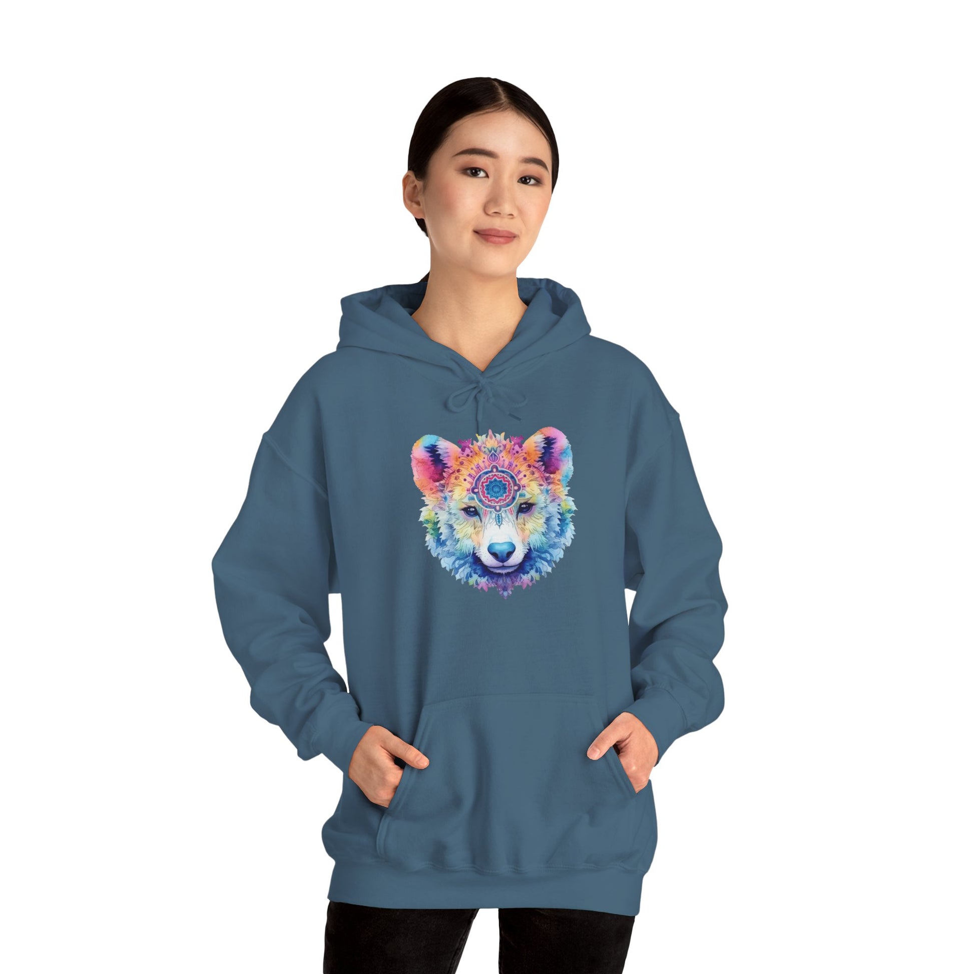 Mandala Bear Hoodie – Vibrant Watercolor Animal Art Sweatshirt for Bold, Free-Spirited Souls
