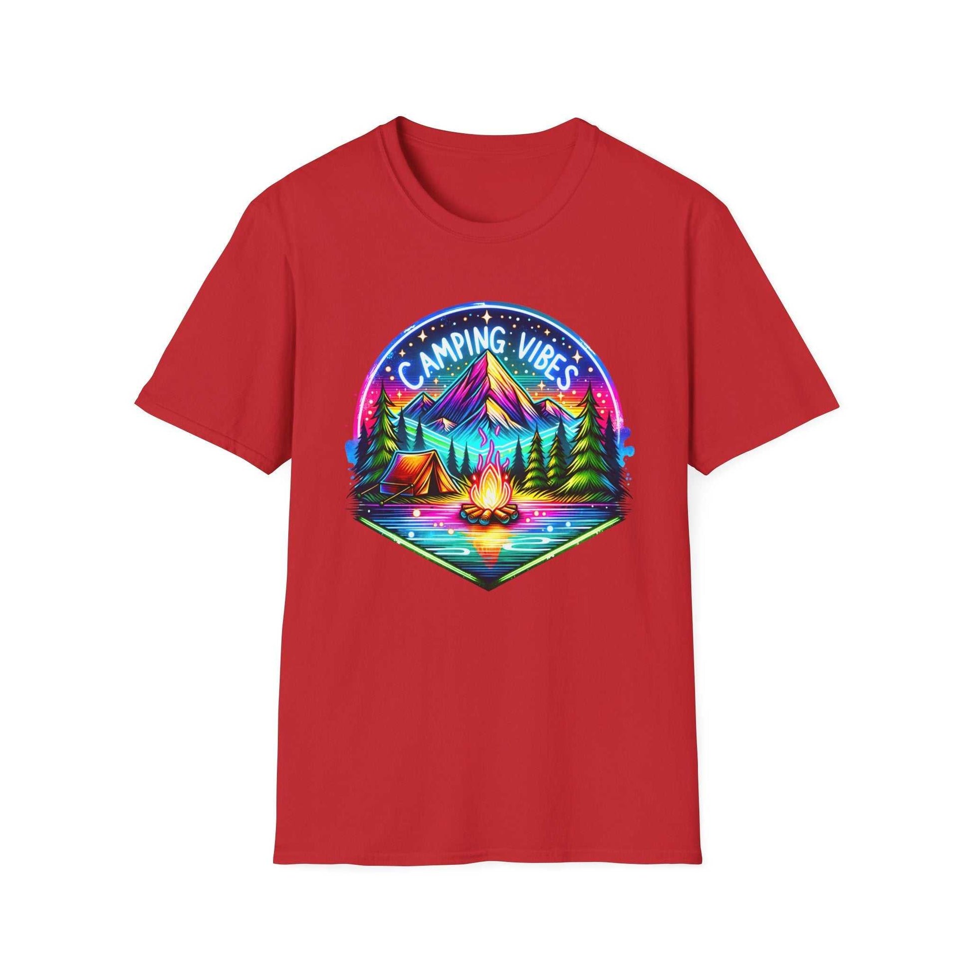 Red unisex softstyle t-shirt with colorful camping vibes graphic featuring a mountain, tent, campfire, and trees.
