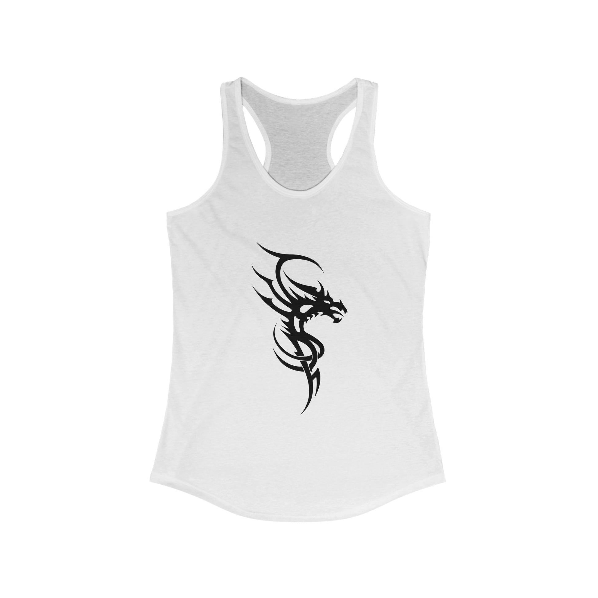 Racerback tank with a fierce black tribal dragon for bold, edgy style