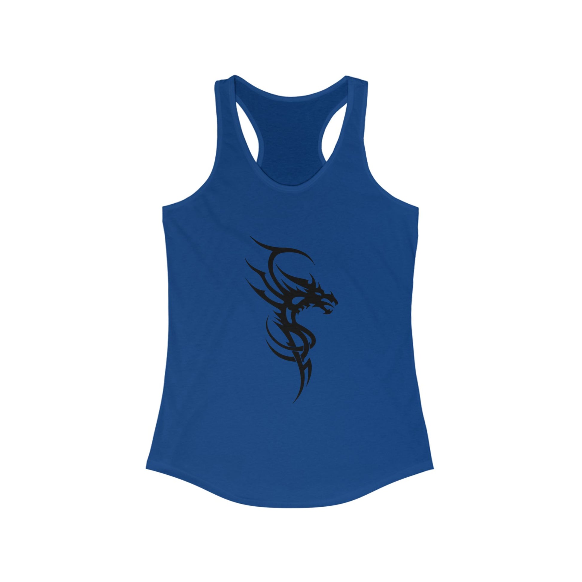 Racerback tank with a fierce black tribal dragon for bold, edgy style