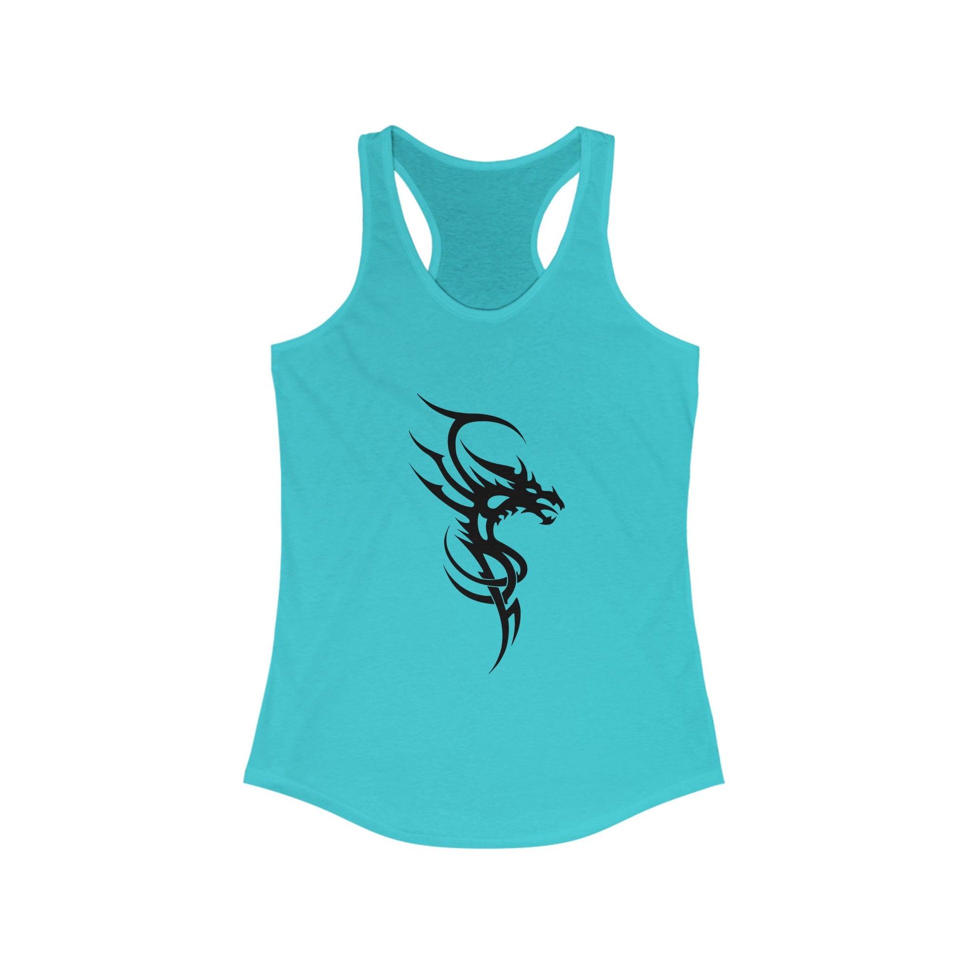 Racerback tank with a fierce black tribal dragon for bold, edgy style