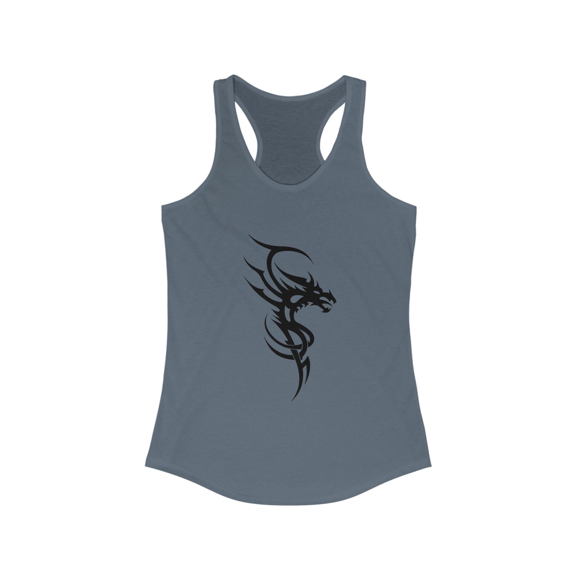Racerback tank with a fierce black tribal dragon for bold, edgy style