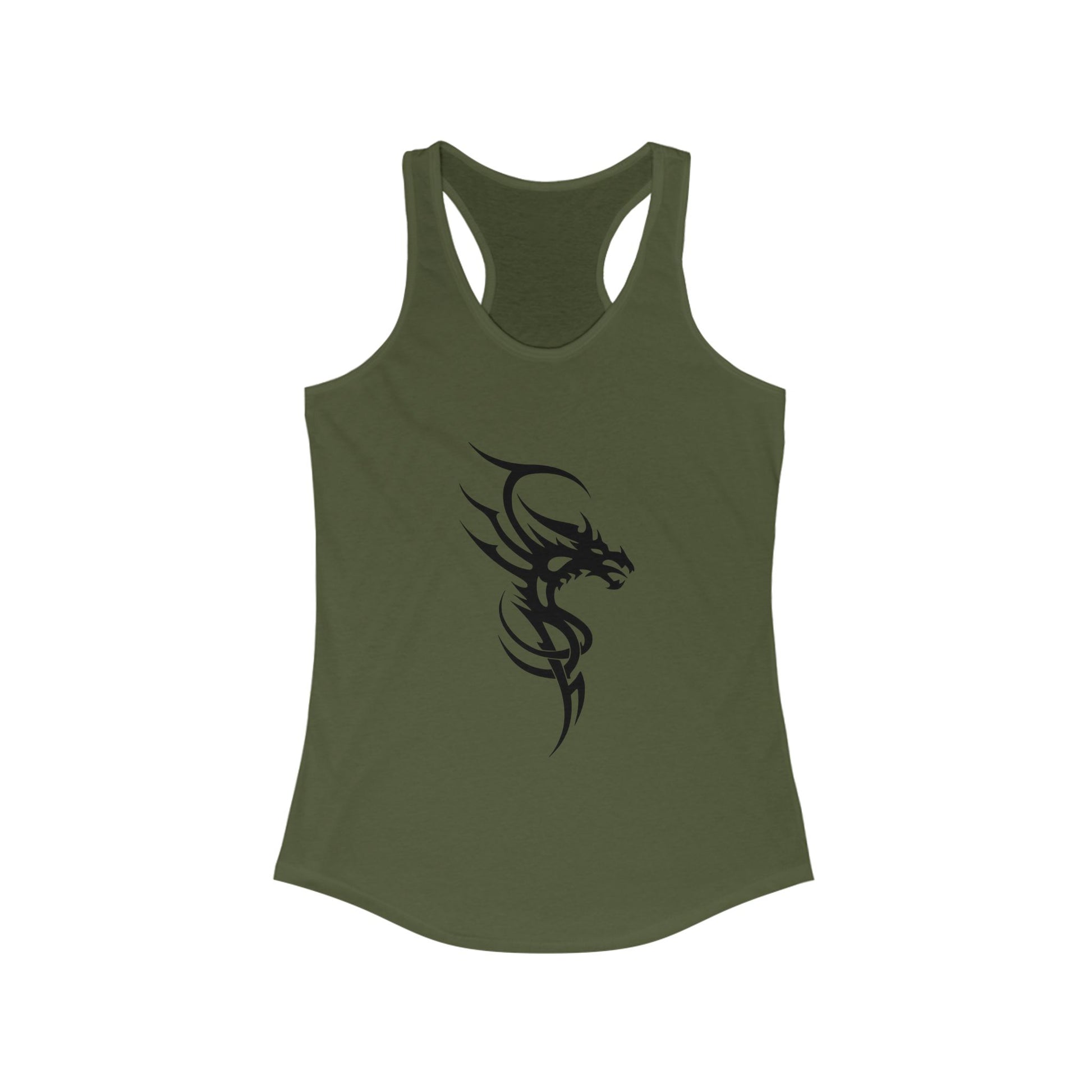 Racerback tank with a fierce black tribal dragon for bold, edgy style