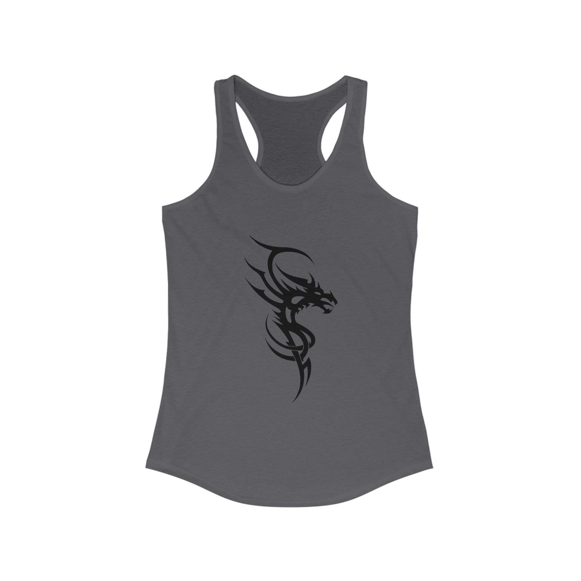 Racerback tank with a fierce black tribal dragon for bold, edgy style