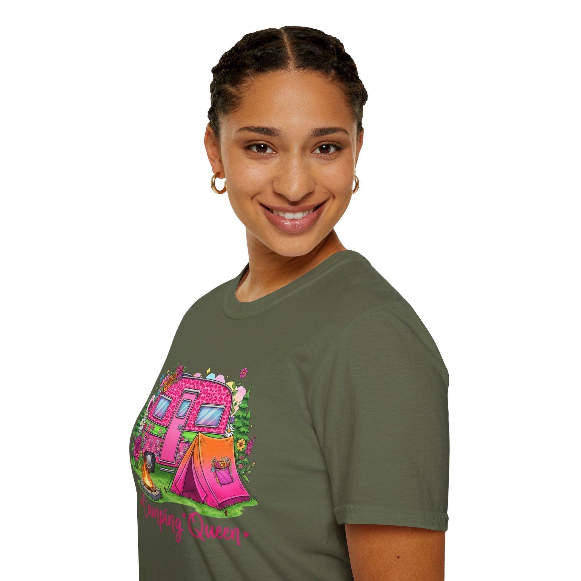 Woman wearing olive green Camping Queen T-Shirt with colorful camper and tent graphic design