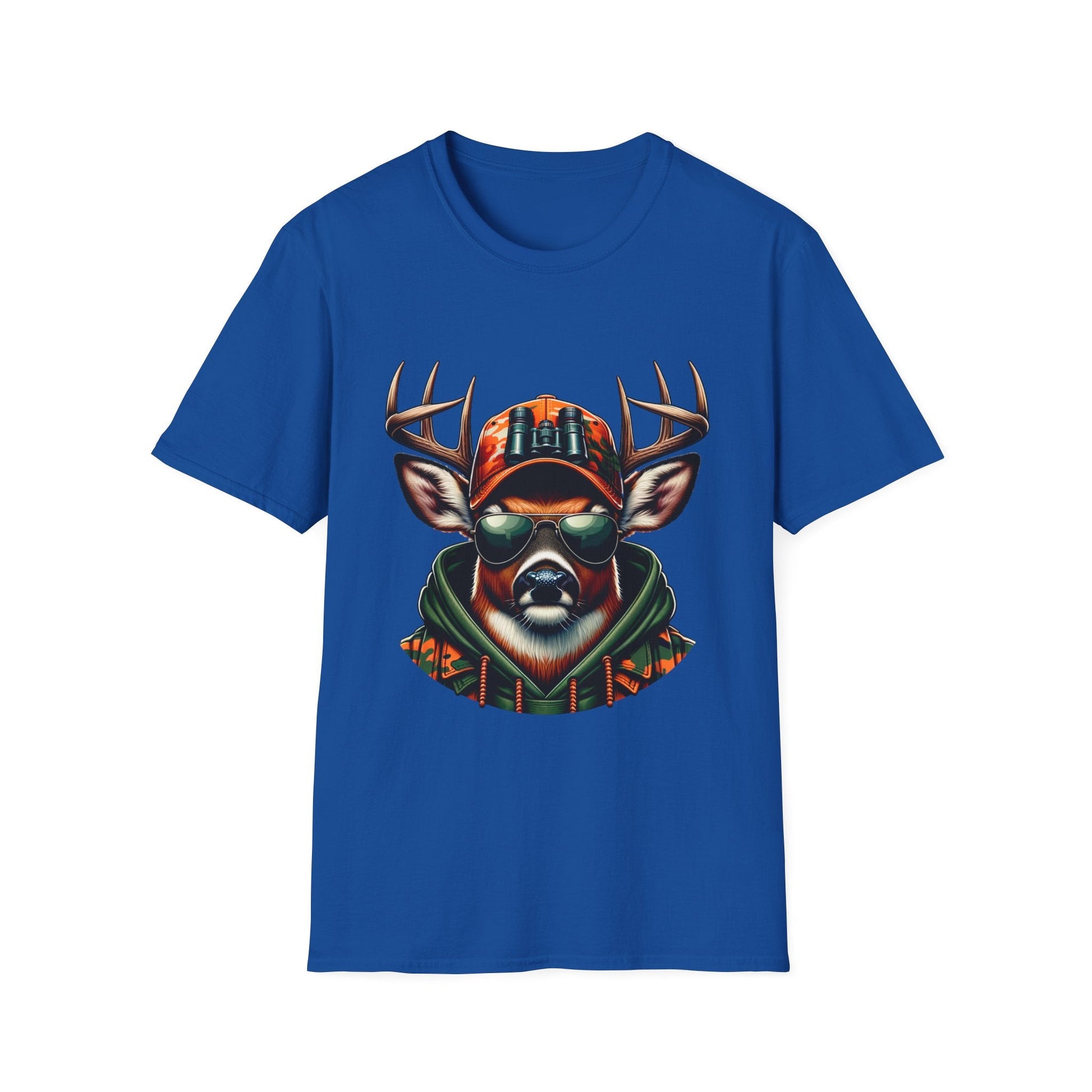 Blue Hunting Enthusiast T-Shirt with graphic of deer wearing camo hat and sunglasses