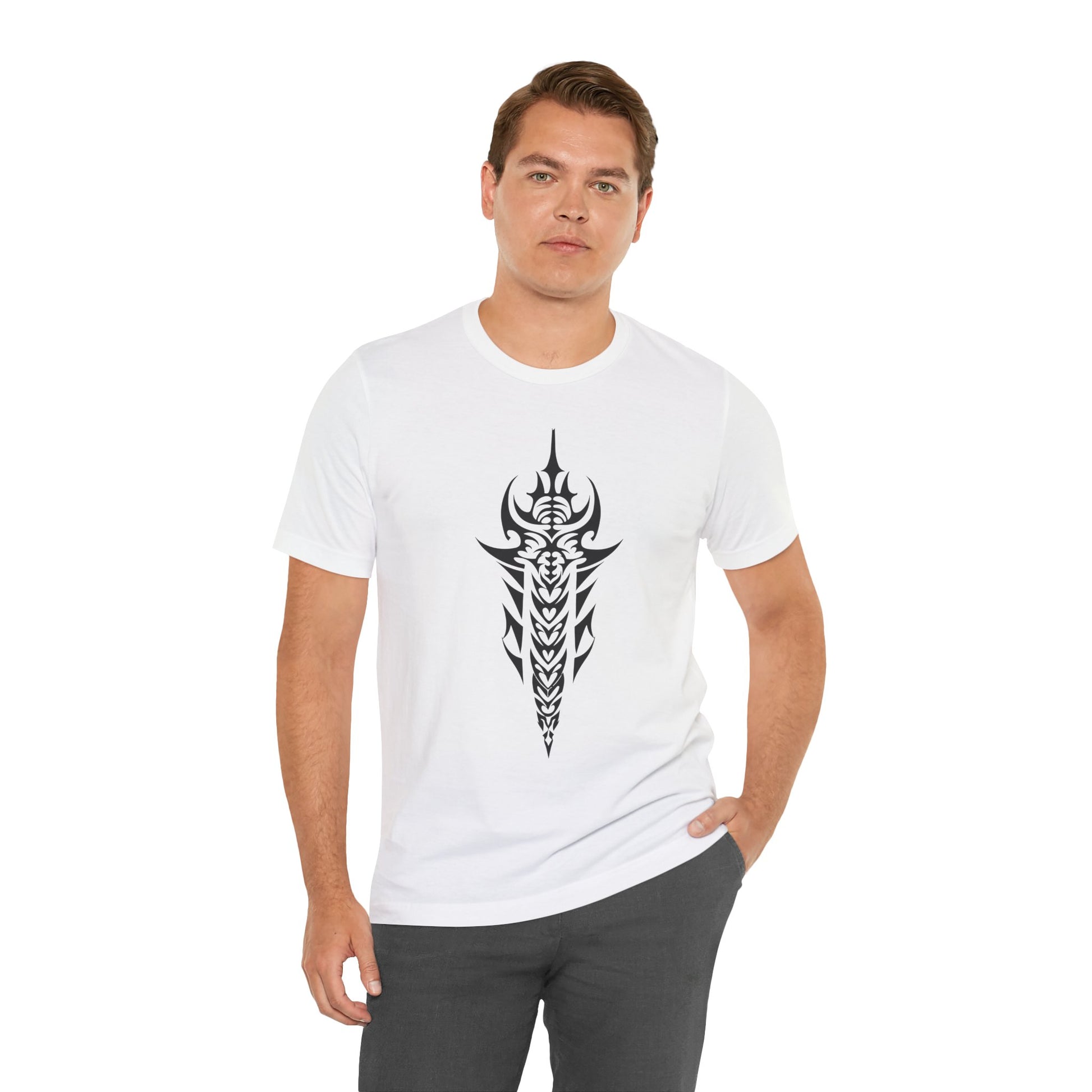 Tribal Sword T-Shirt – Bold Black Tattoo Art on Aqua Tee