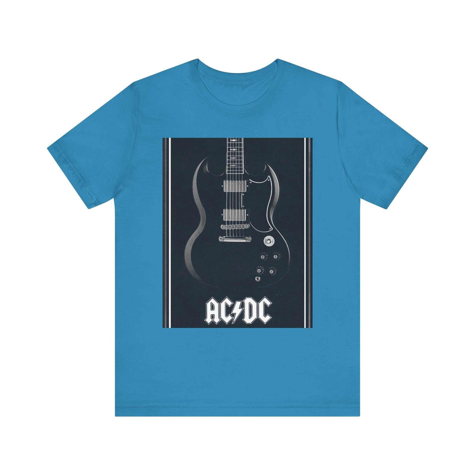 Blue unisex rock guitar graphic tee featuring an AC/DC electric guitar design on front