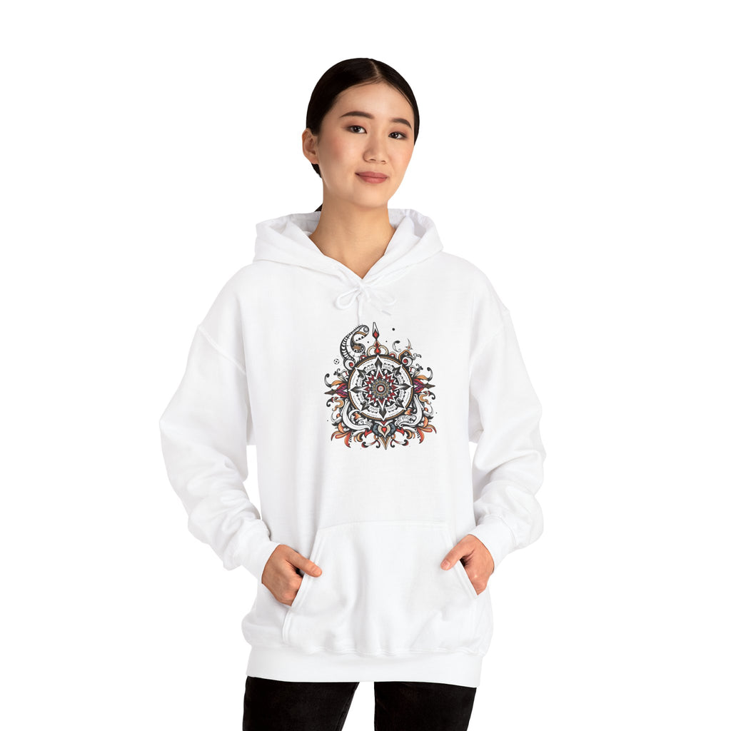 Cozy hoodie featuring a striking black, red, and white mandala, offered in vibrant color choices
