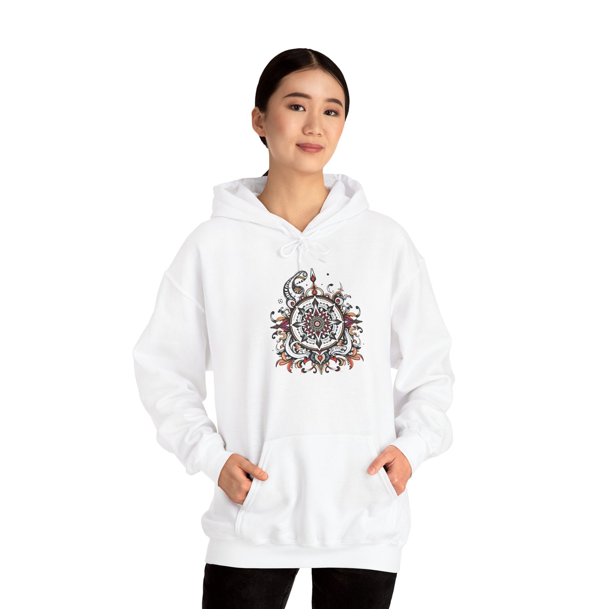 Cozy hoodie featuring a striking black, red, and white mandala, offered in vibrant color choices