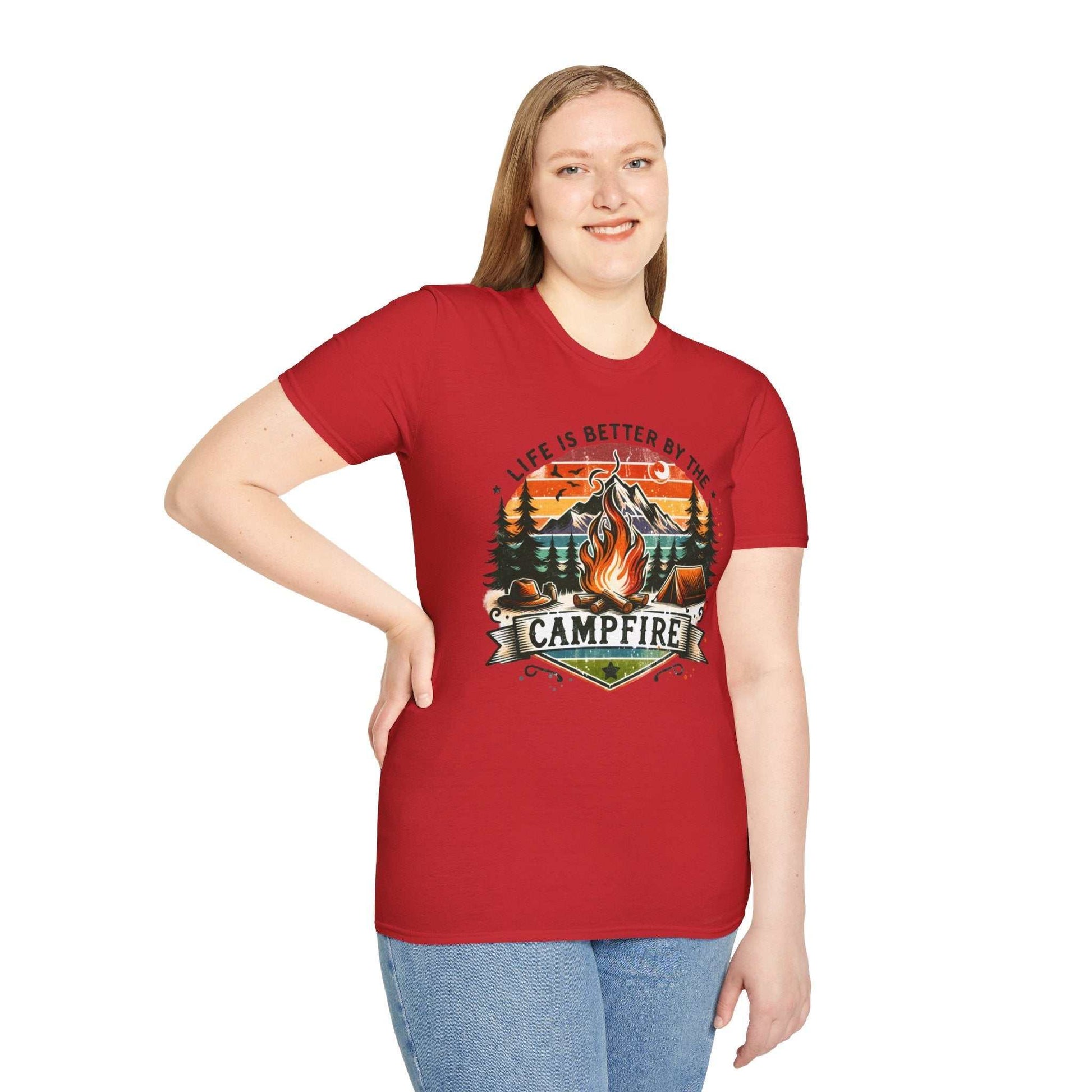 Unisex red camping adventure t-shirt with "Life is Better by the Campfire" graphic and campfire design