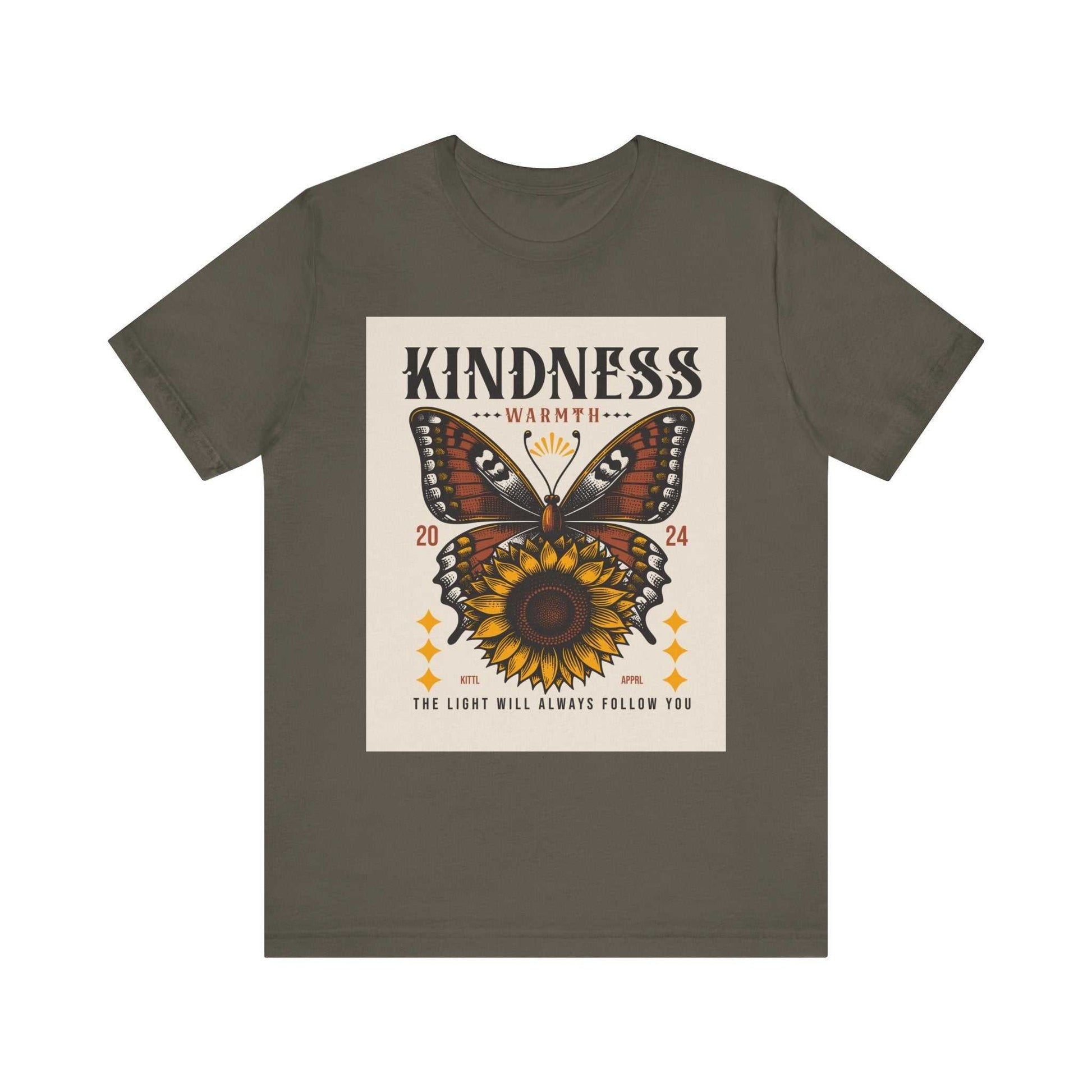 Unisex Kindness Butterfly Tee with sunflower and butterfly graphic design on olive green fabric.
