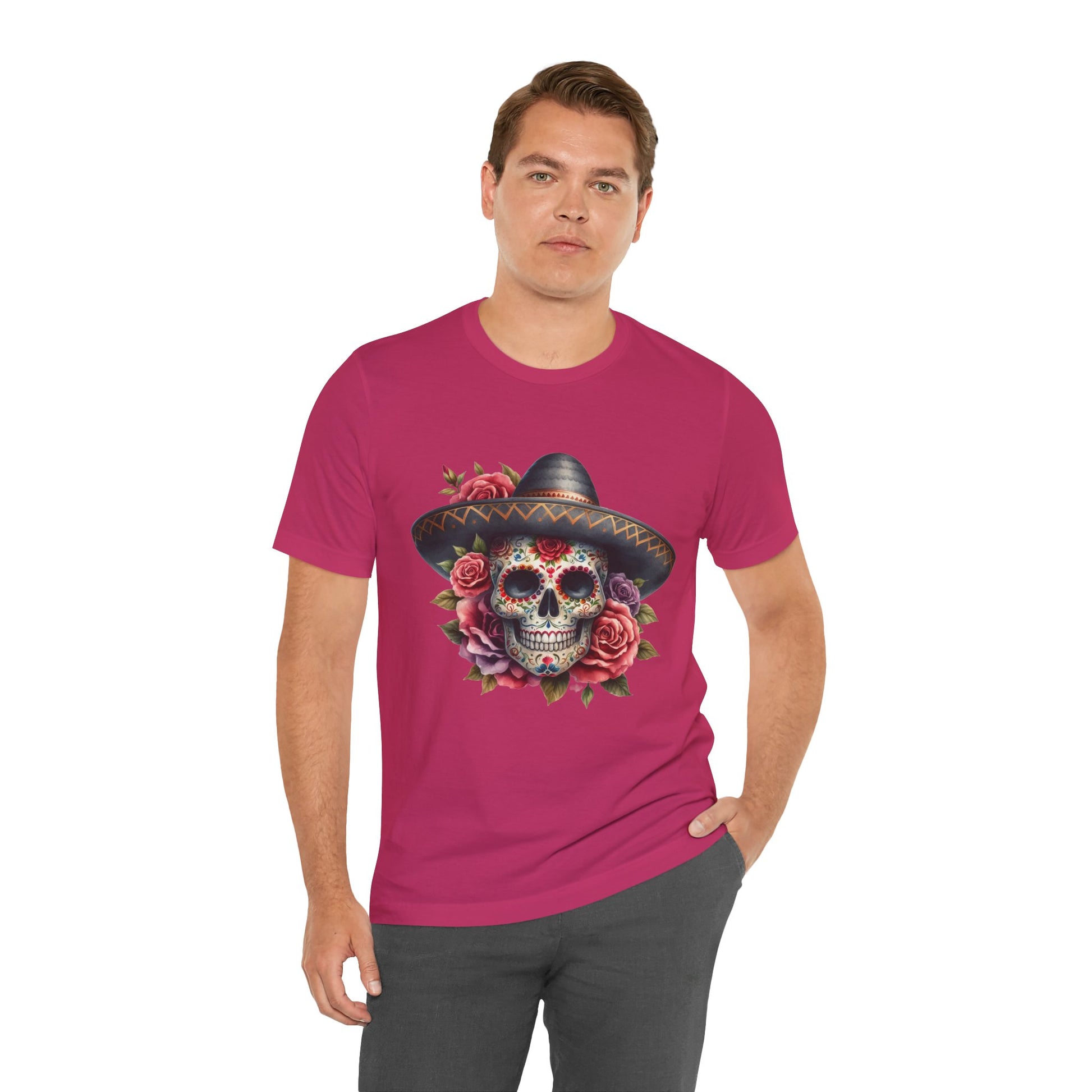 Colorful tee featuring a sugar skull in sombrero and roses for vibrant fiesta vibes