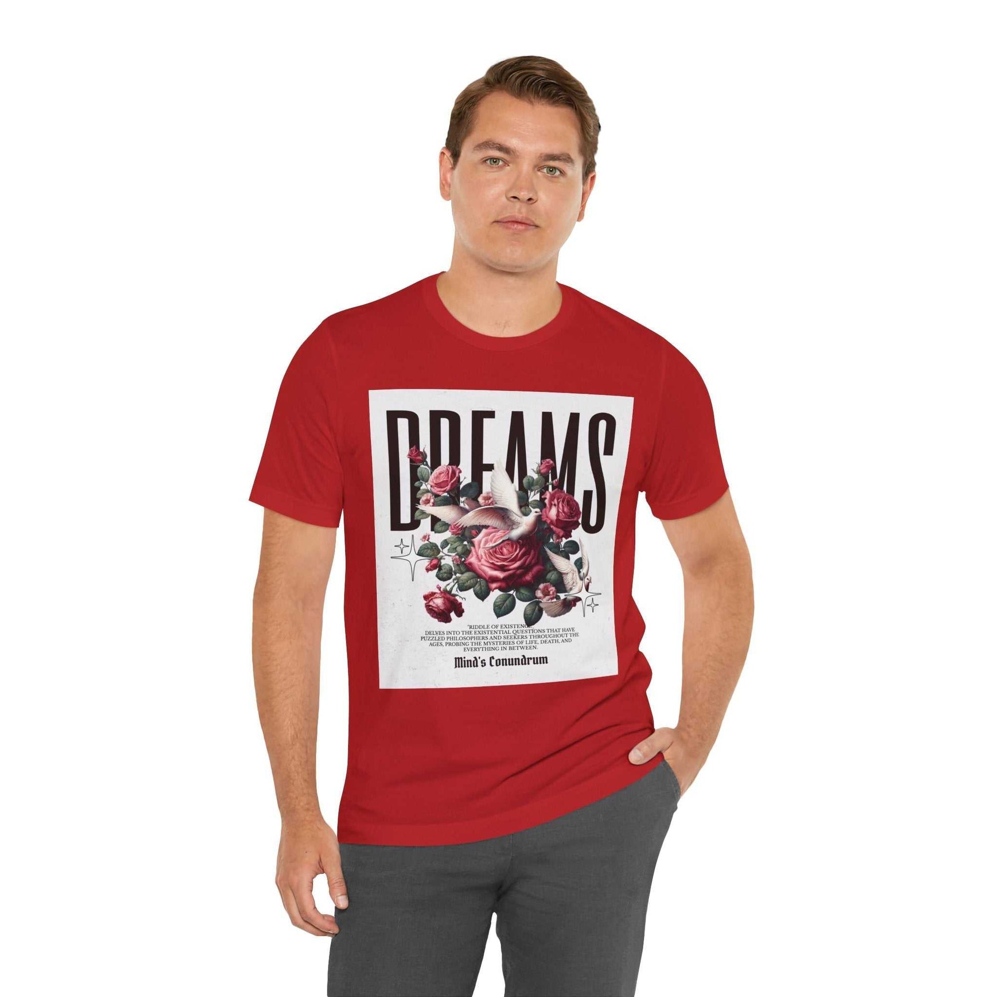 Man wearing red Dreams Floral Tee with rose graphic and bold typography on front