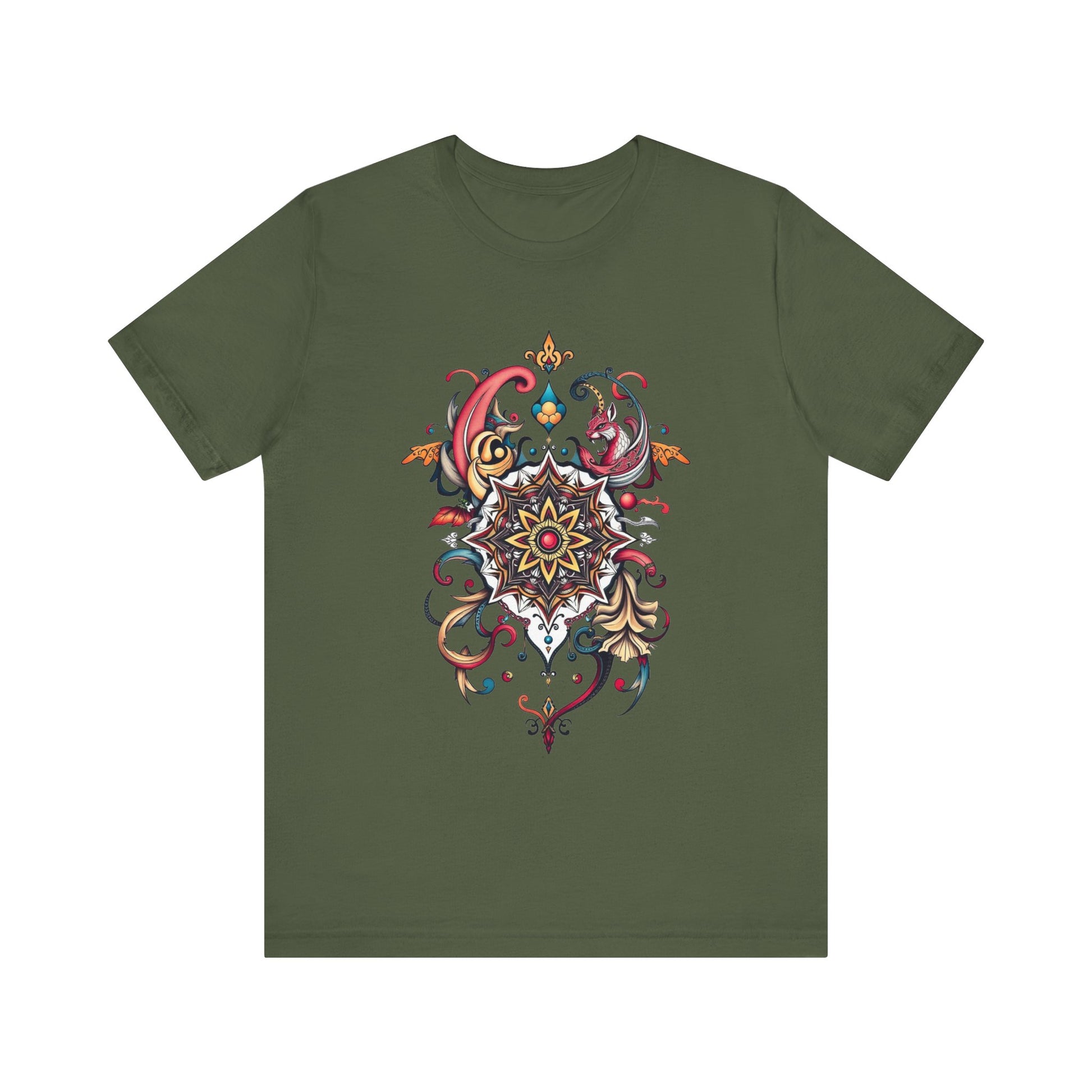Vibrant tee with swirling mandala in reds, golds, and teal, available in many colors
