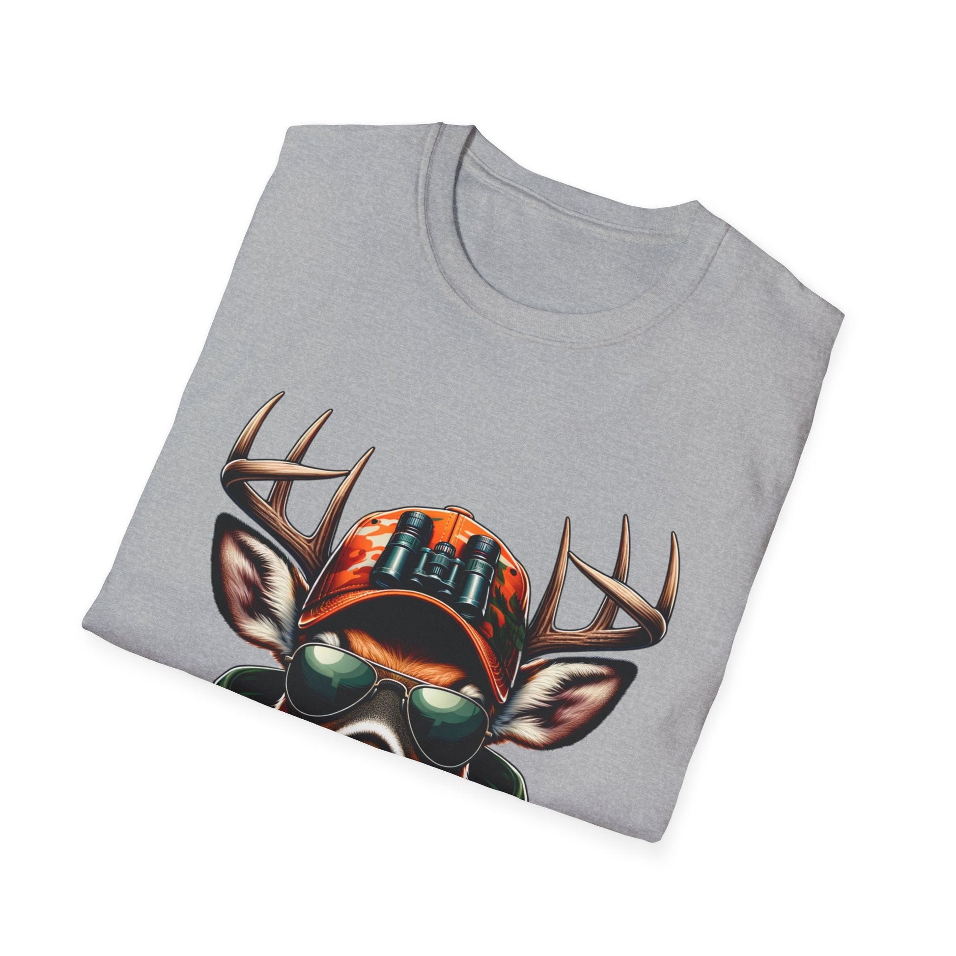 Gray Hunting Enthusiast T-Shirt featuring a deer wearing sunglasses and a camo cap with binoculars design