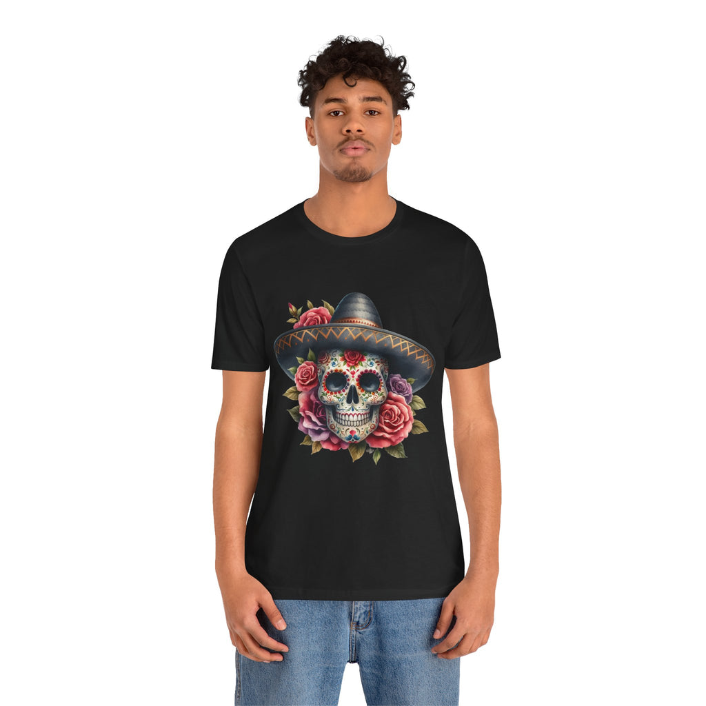 Colorful tee featuring a sugar skull in sombrero and roses for vibrant fiesta vibes