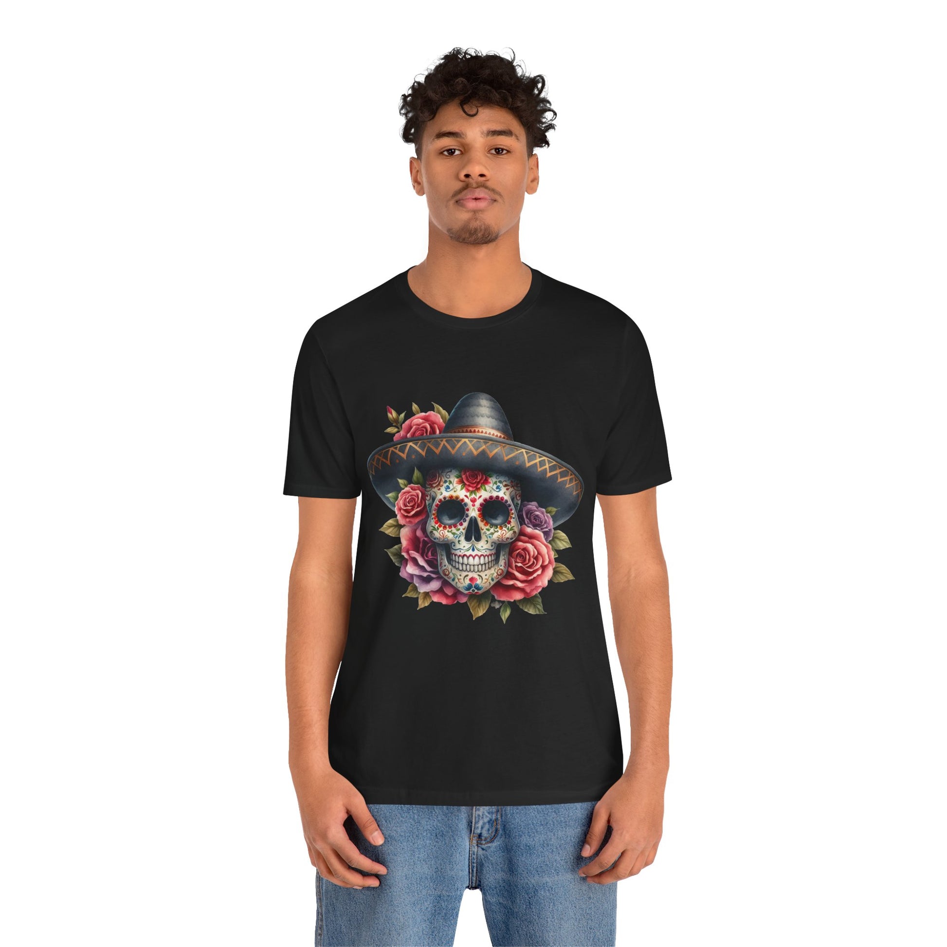 Colorful tee featuring a sugar skull in sombrero and roses for vibrant fiesta vibes