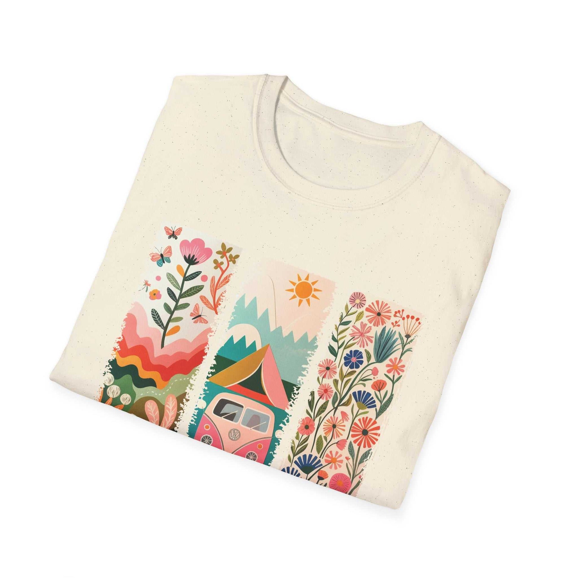 Unisex softstyle t-shirt with colorful camping adventure print featuring nature and floral design on cream fabric