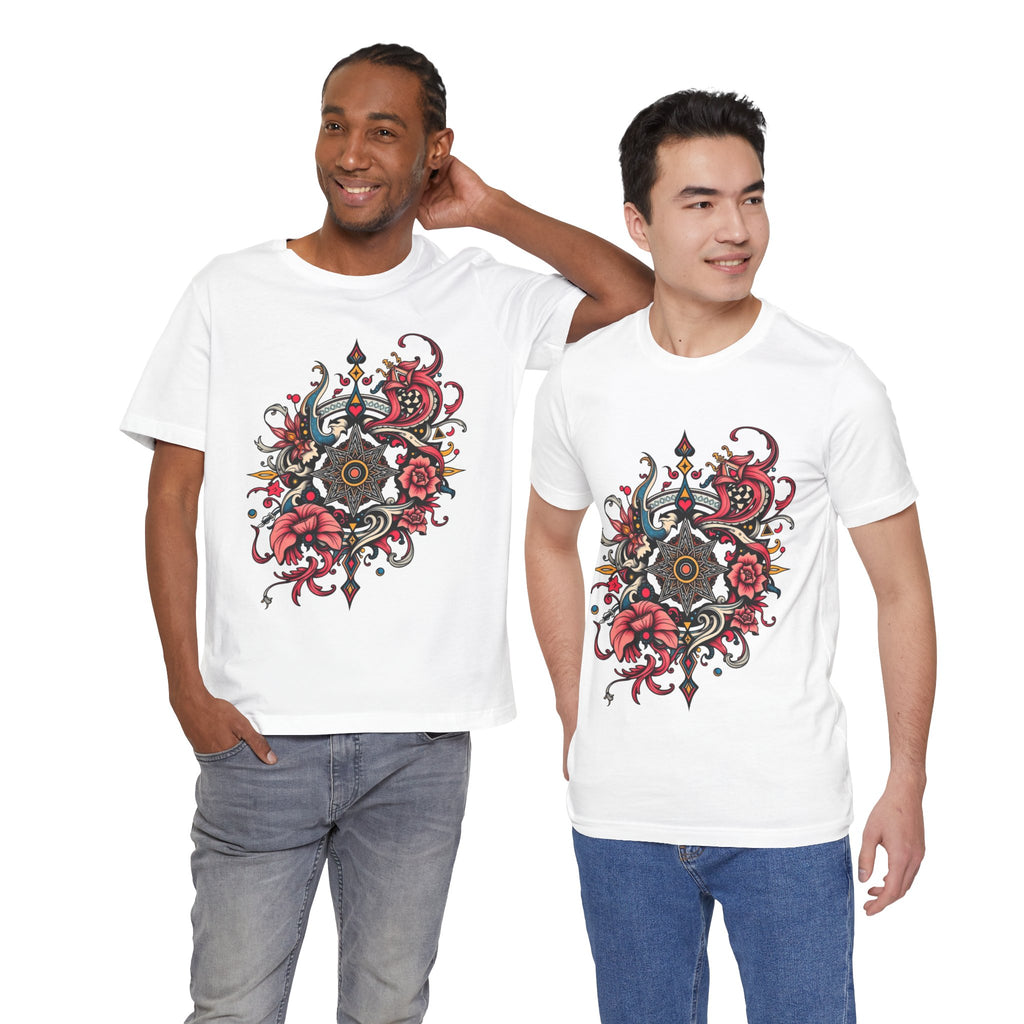 Vibrant tee with ornate red floral mandala design, offered in multiple bold color options
