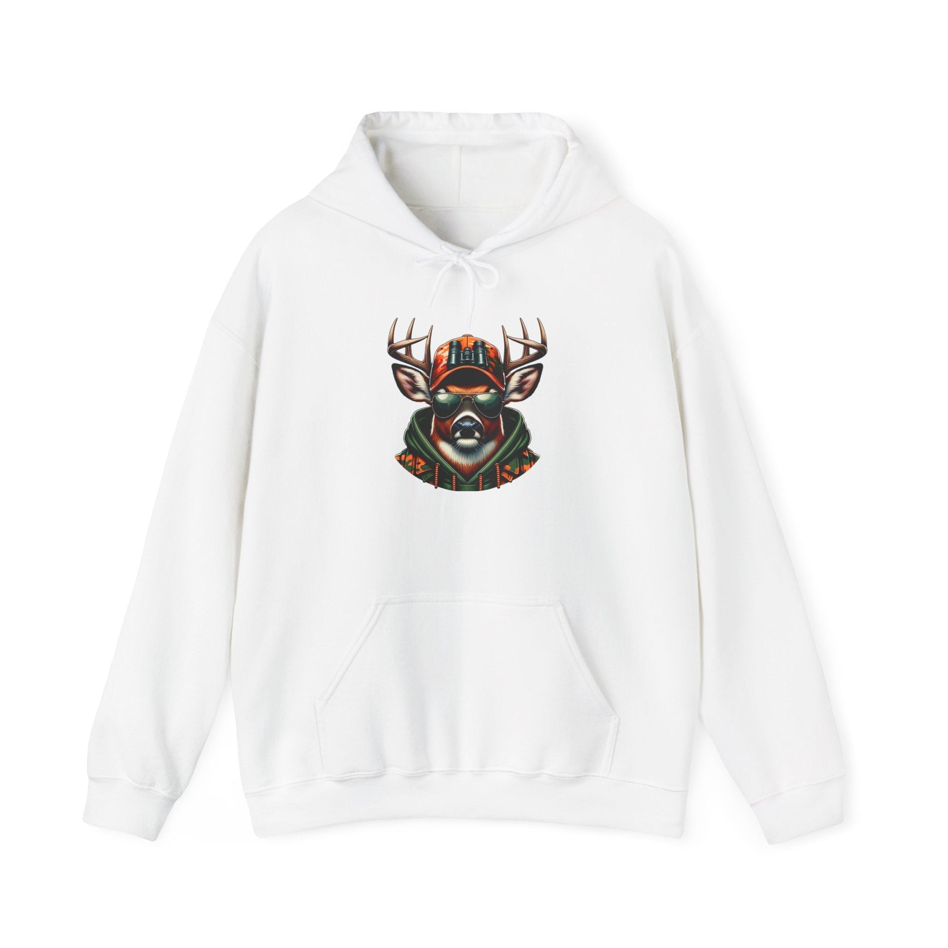 White hooded sweatshirt with bold colorful deer graphic and kangaroo pocket