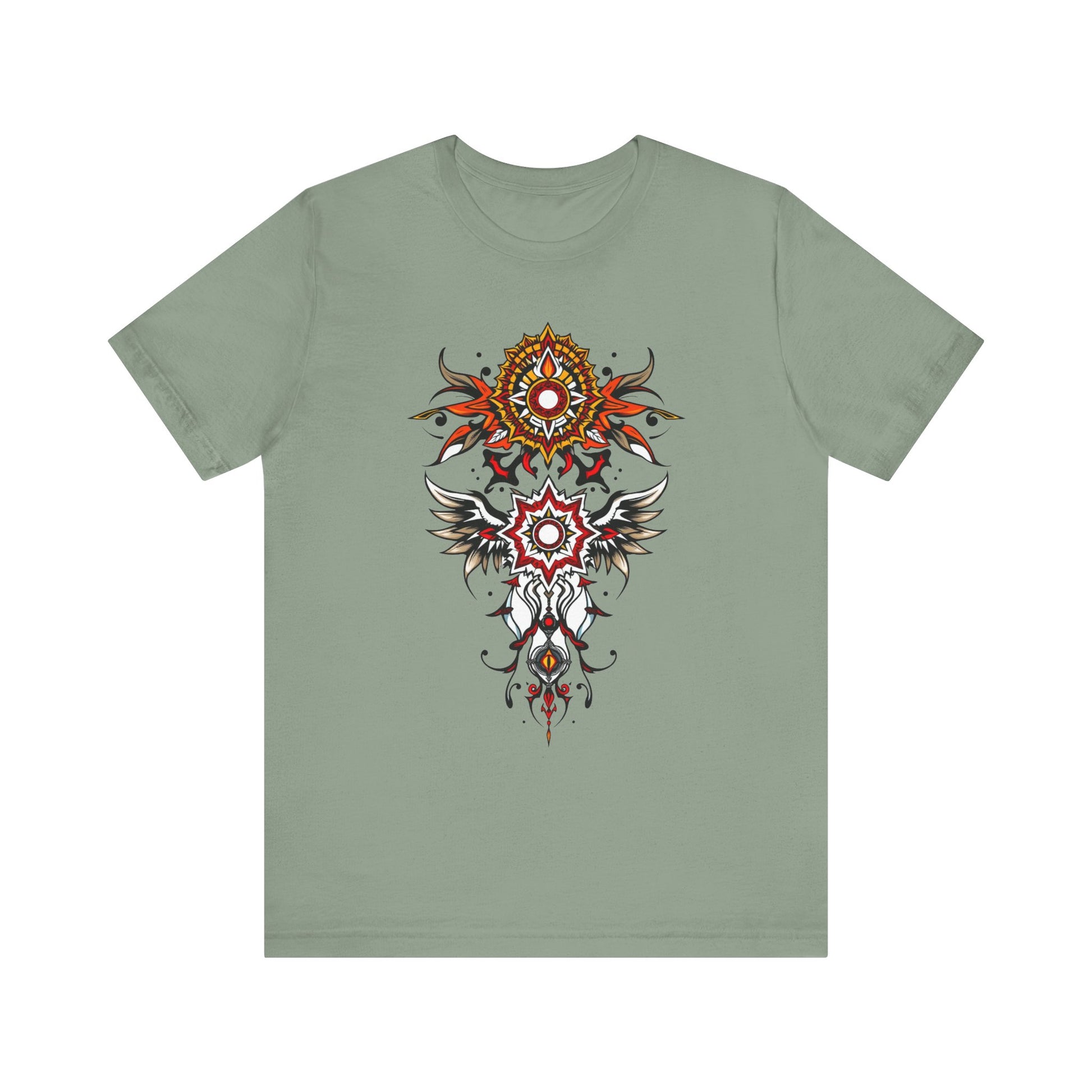 Turn heads in this tee, available in vibrant colors, showcasing a fiery red and gold tribal mandala for bold, artistic style