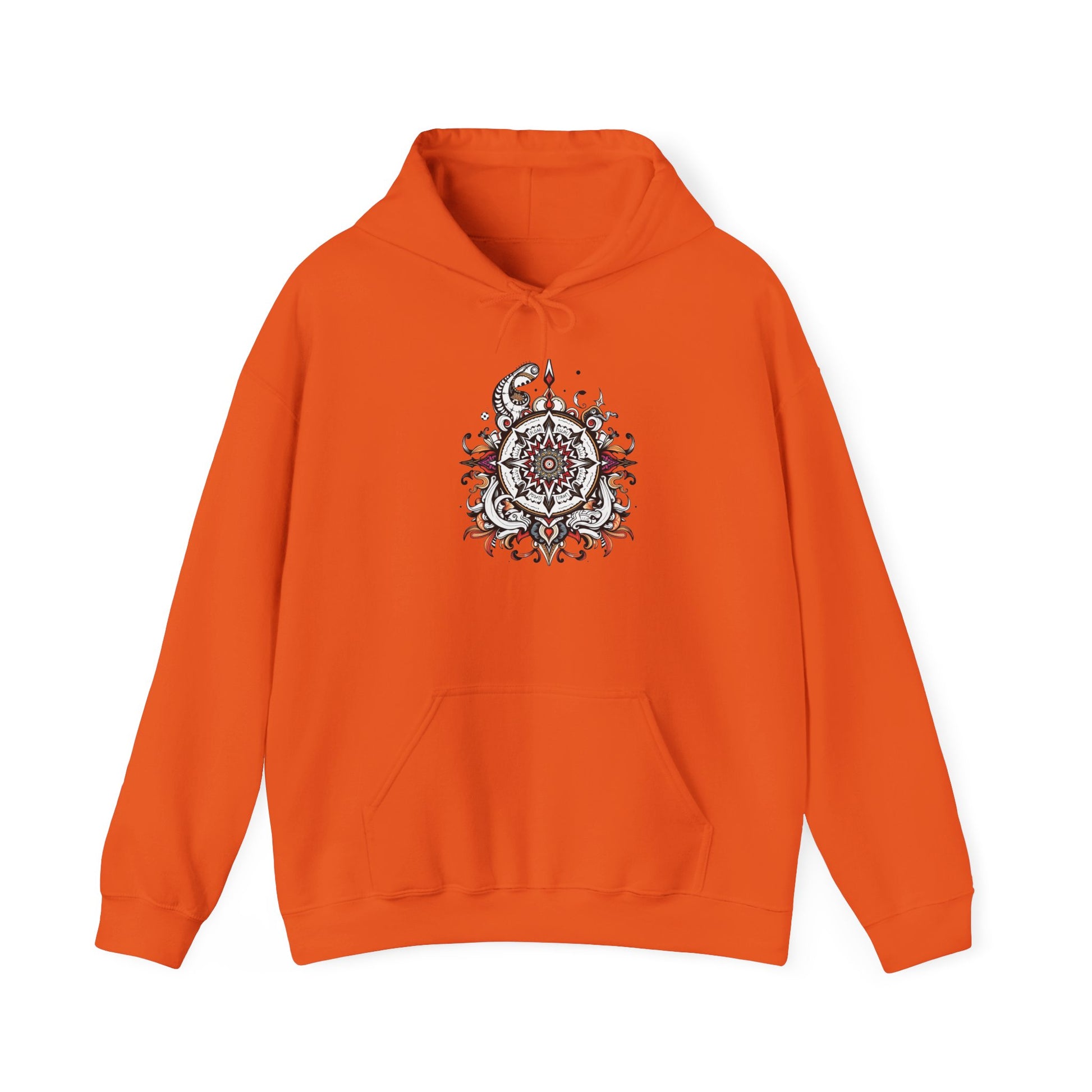 Cozy hoodie featuring a striking black, red, and white mandala, offered in vibrant color choices