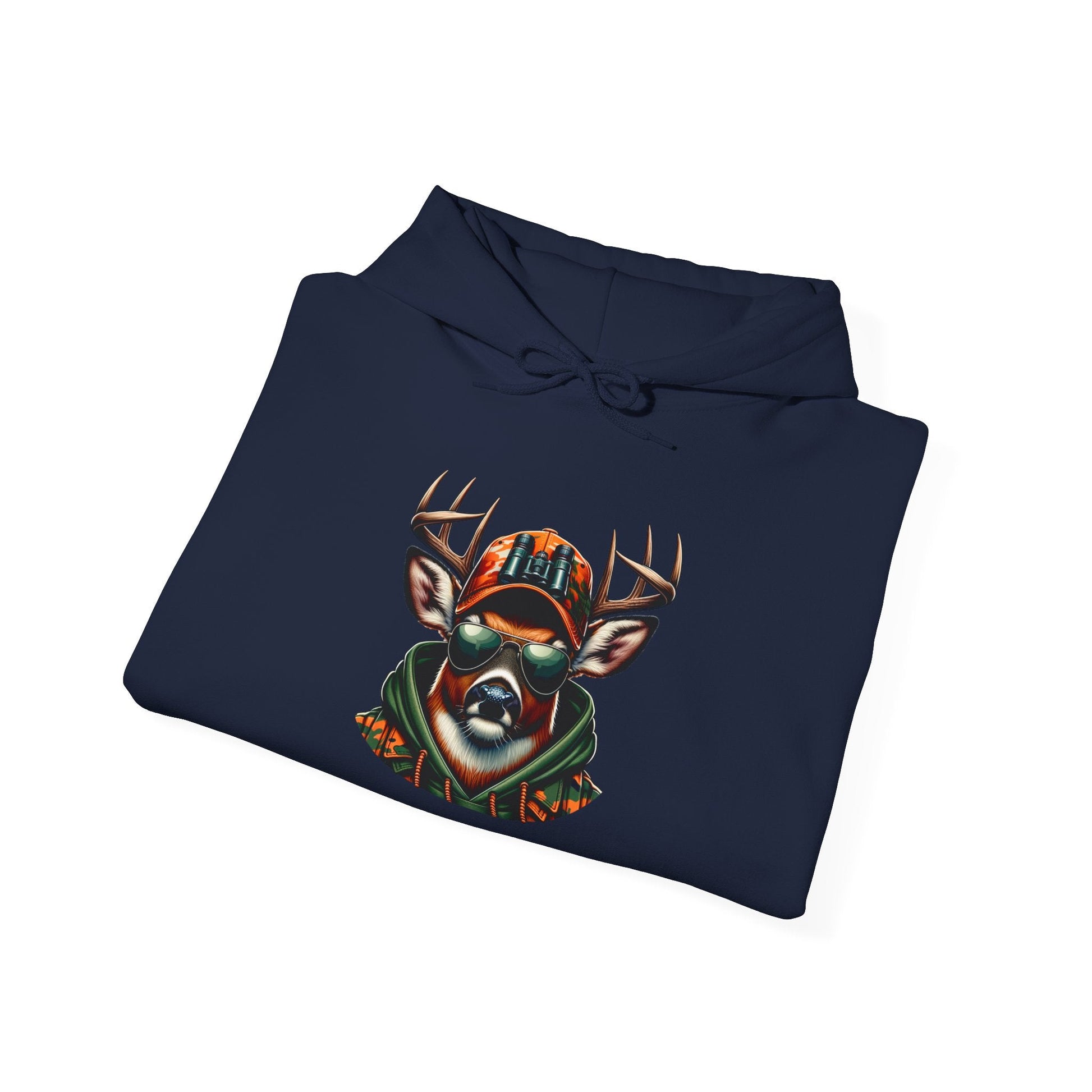 Folded navy hooded sweatshirt featuring a bold deer wearing sunglasses and a camo cap design on the front.