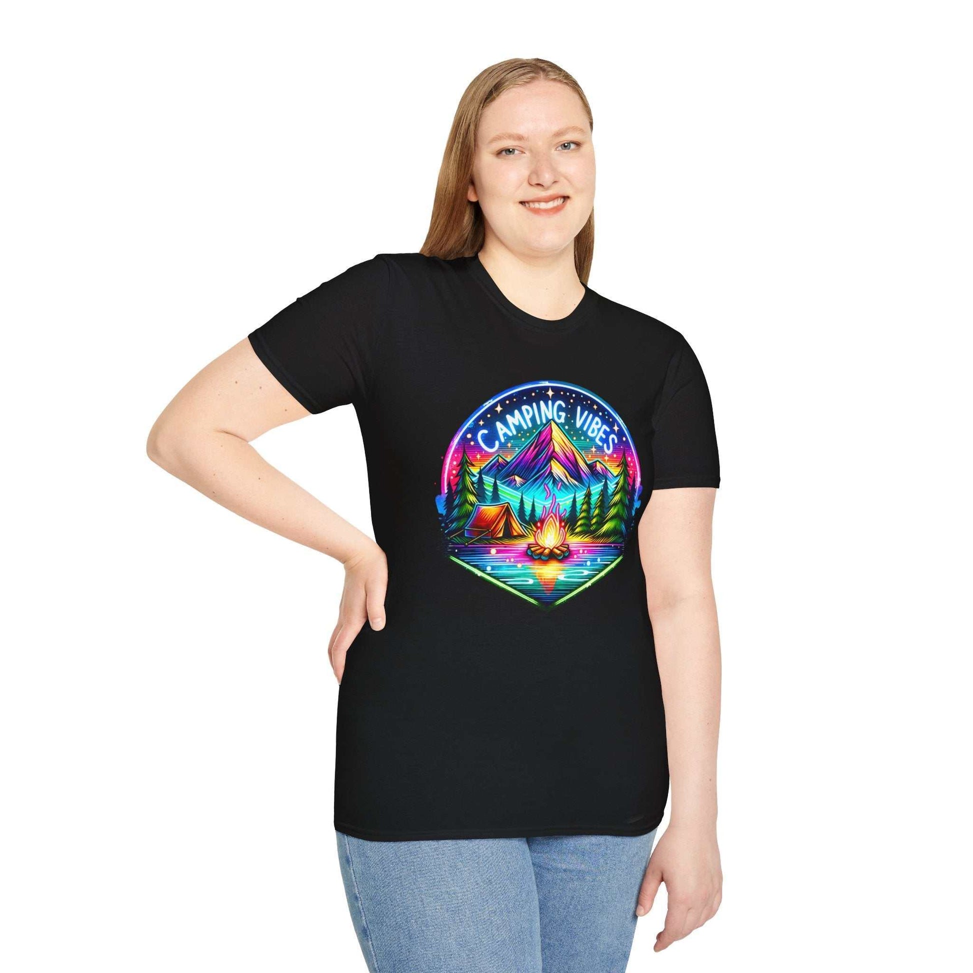 Black unisex softstyle t-shirt with colorful camping vibes graphic print on front