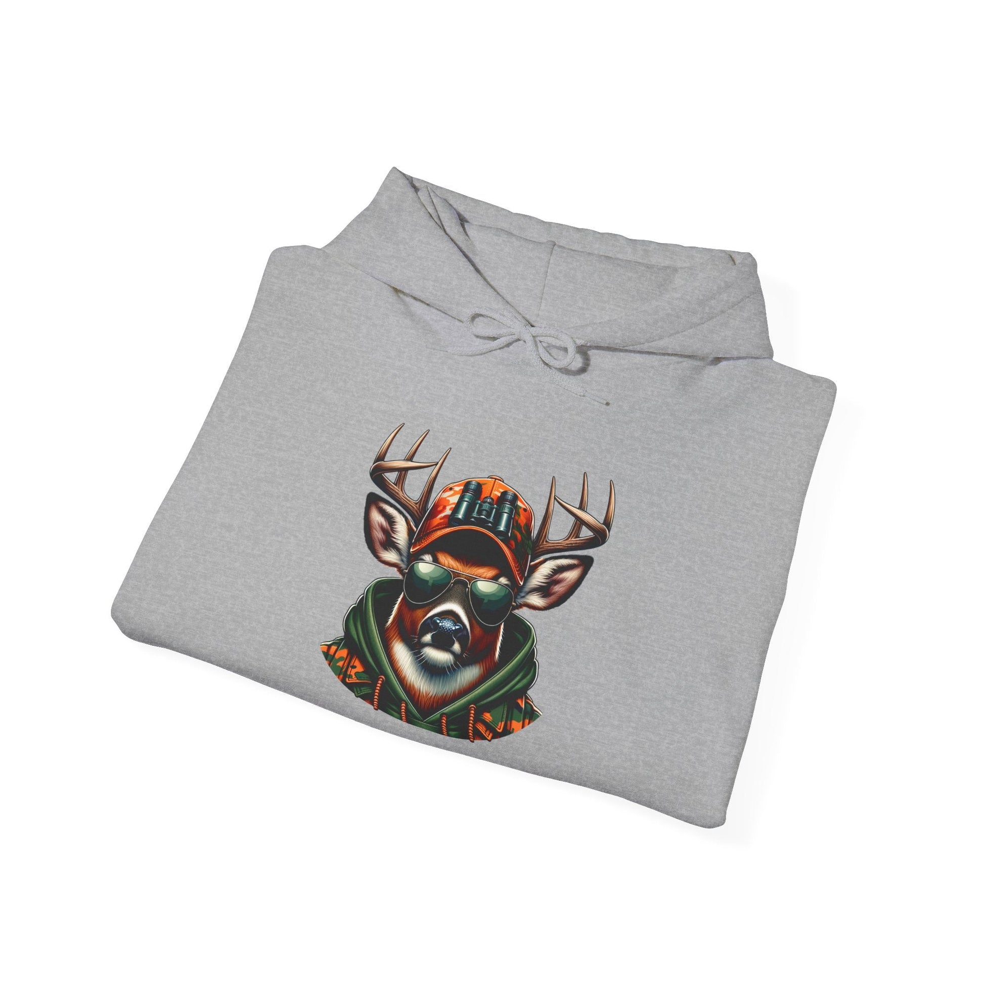 Gray hooded sweatshirt with bold deer wearing sunglasses and an orange cap design
