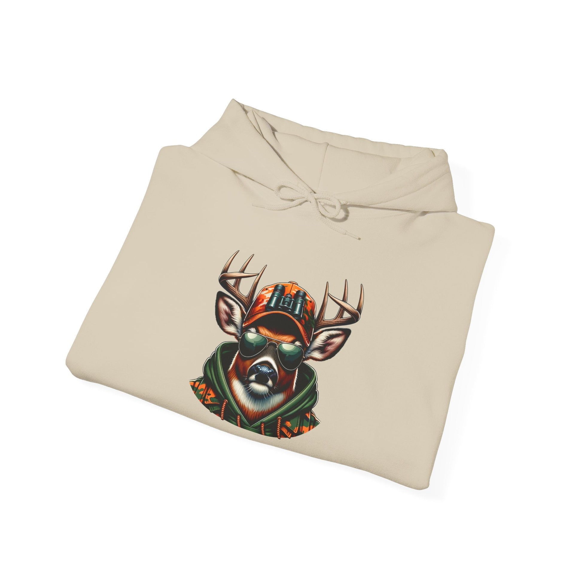 Beige hooded sweatshirt with bold deer wearing sunglasses and an orange cap graphic design.