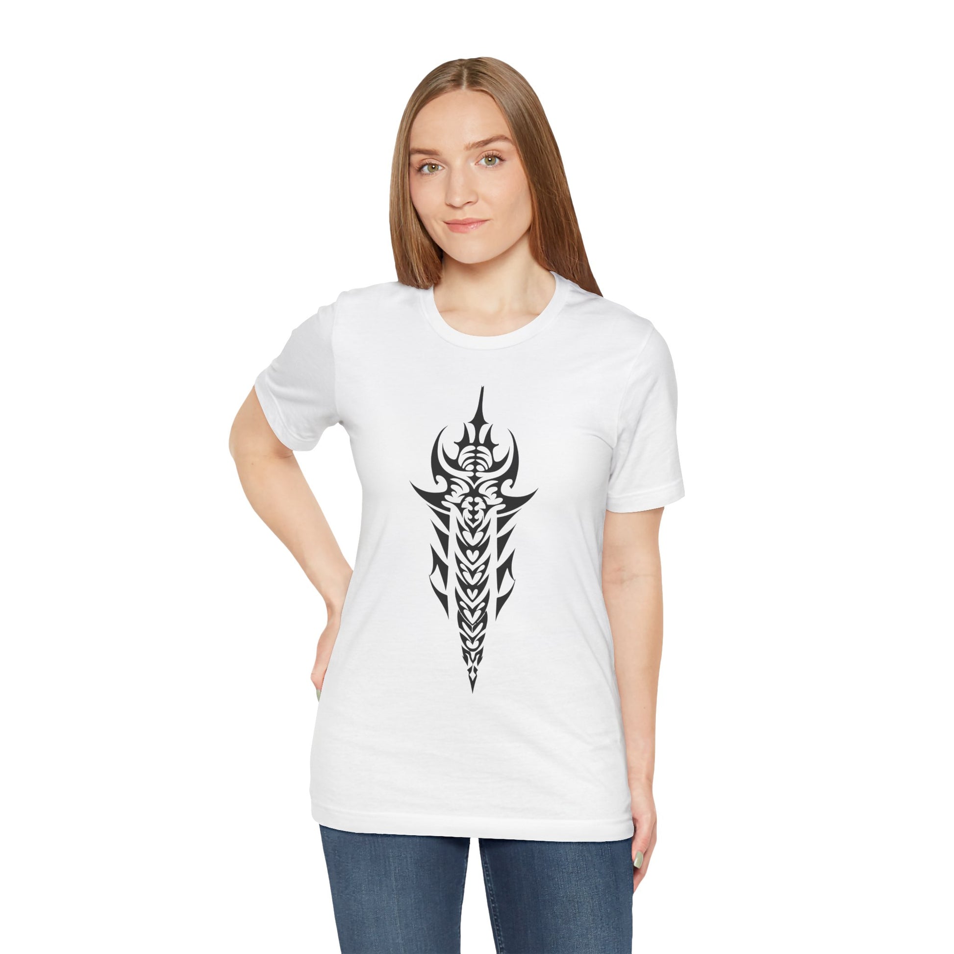 Tribal Sword T-Shirt – Bold Black Tattoo Art on Aqua Tee