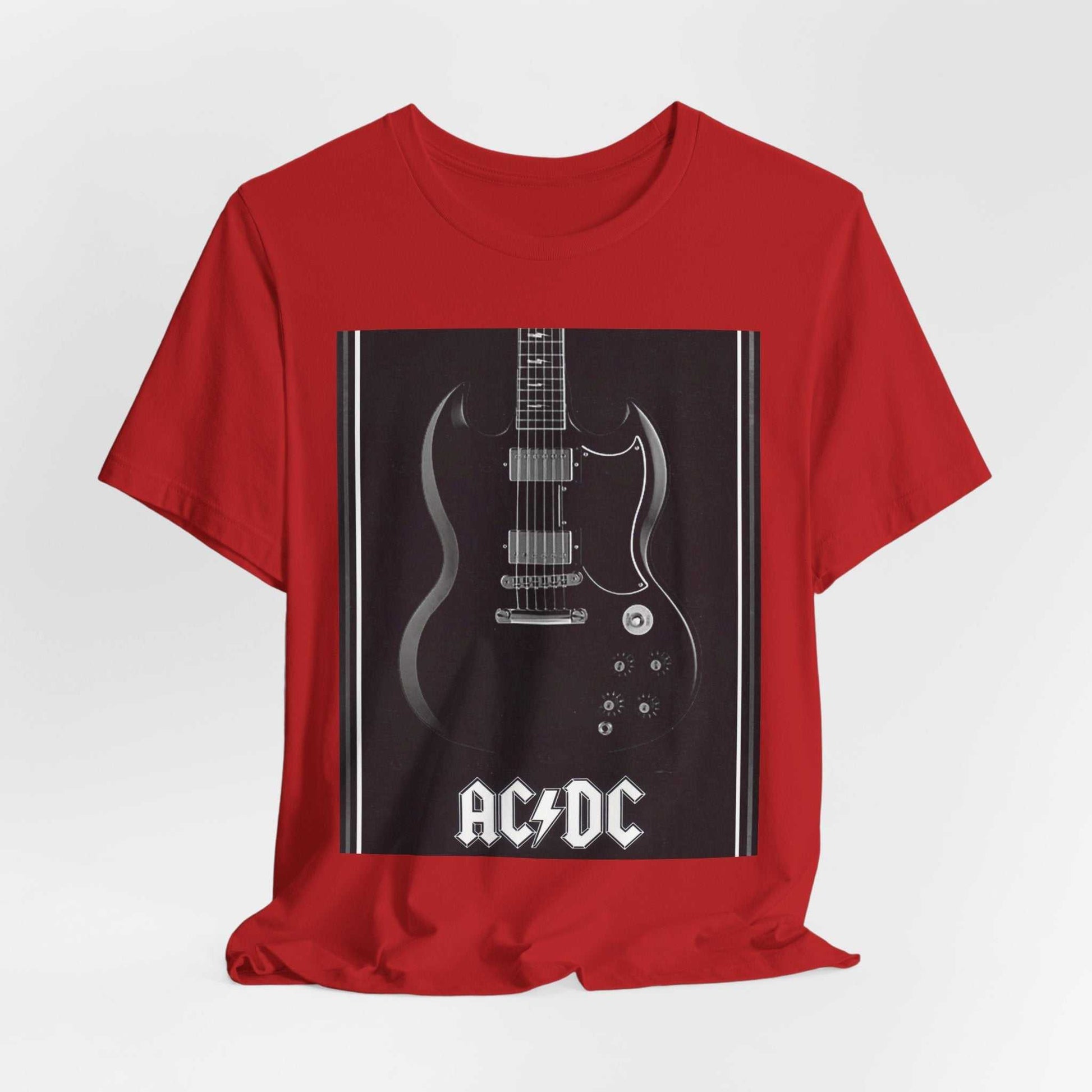 Red rock guitar graphic tee with AC/DC band logo on the front