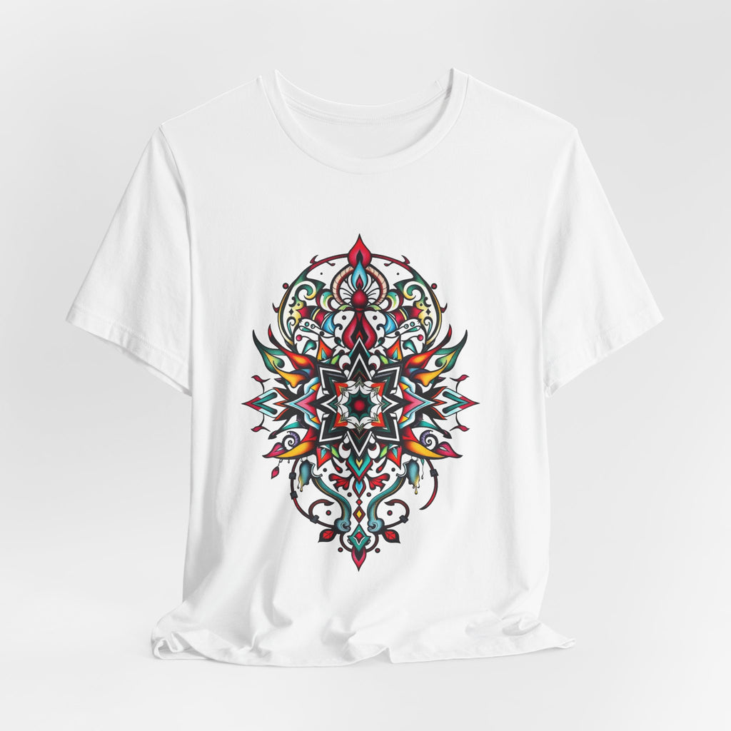 Bold tee featuring a vibrant, intricate mandala design, offered in multiple color options
