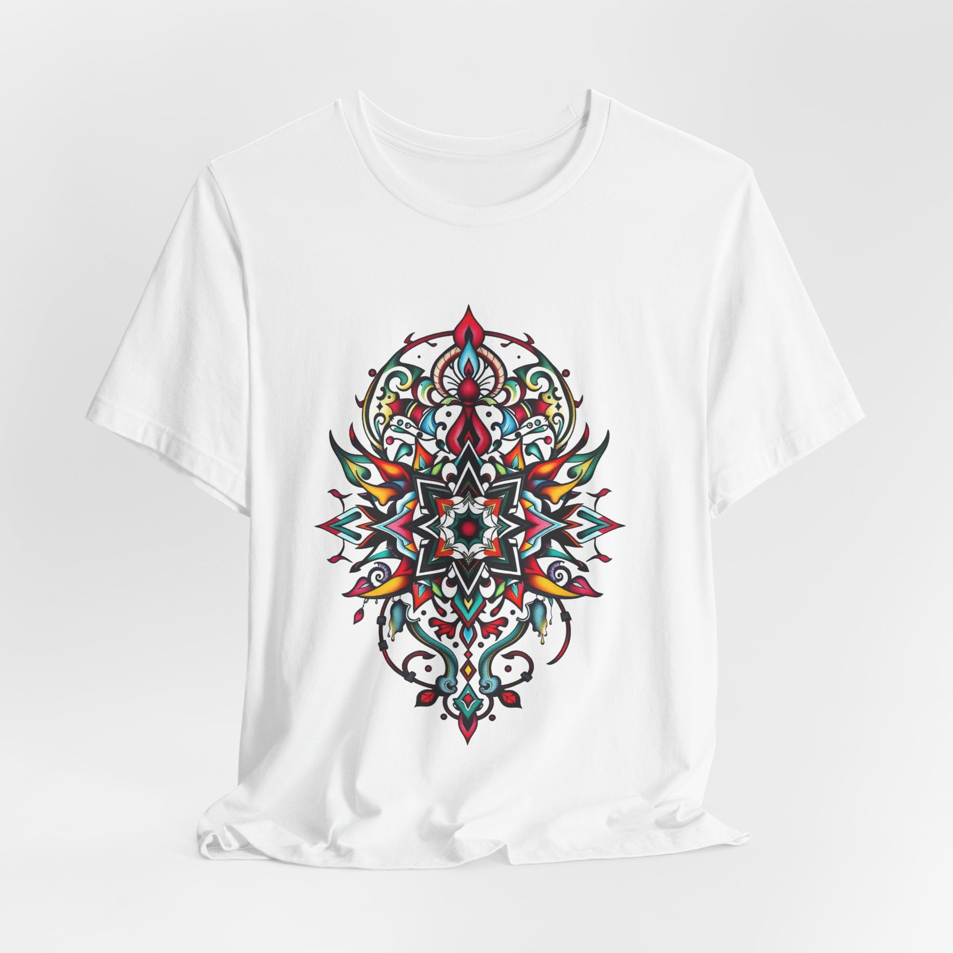 Bold tee featuring a vibrant, intricate mandala design, offered in multiple color options