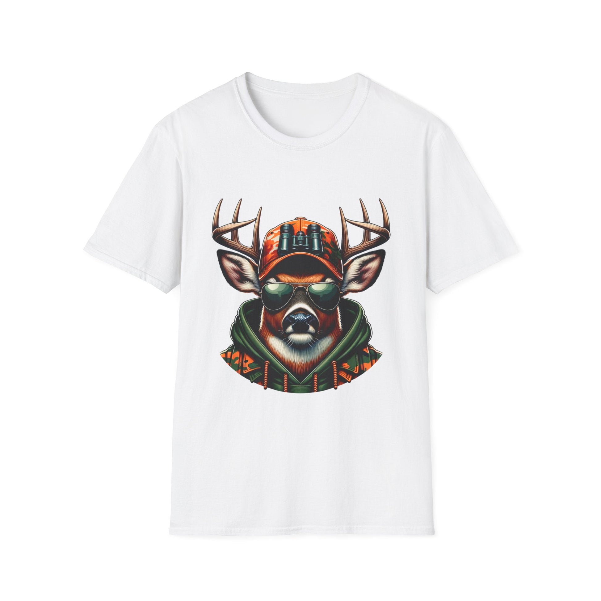 White hunting enthusiast t-shirt with graphic of deer wearing sunglasses, camo hoodie, and orange cap with binoculars.