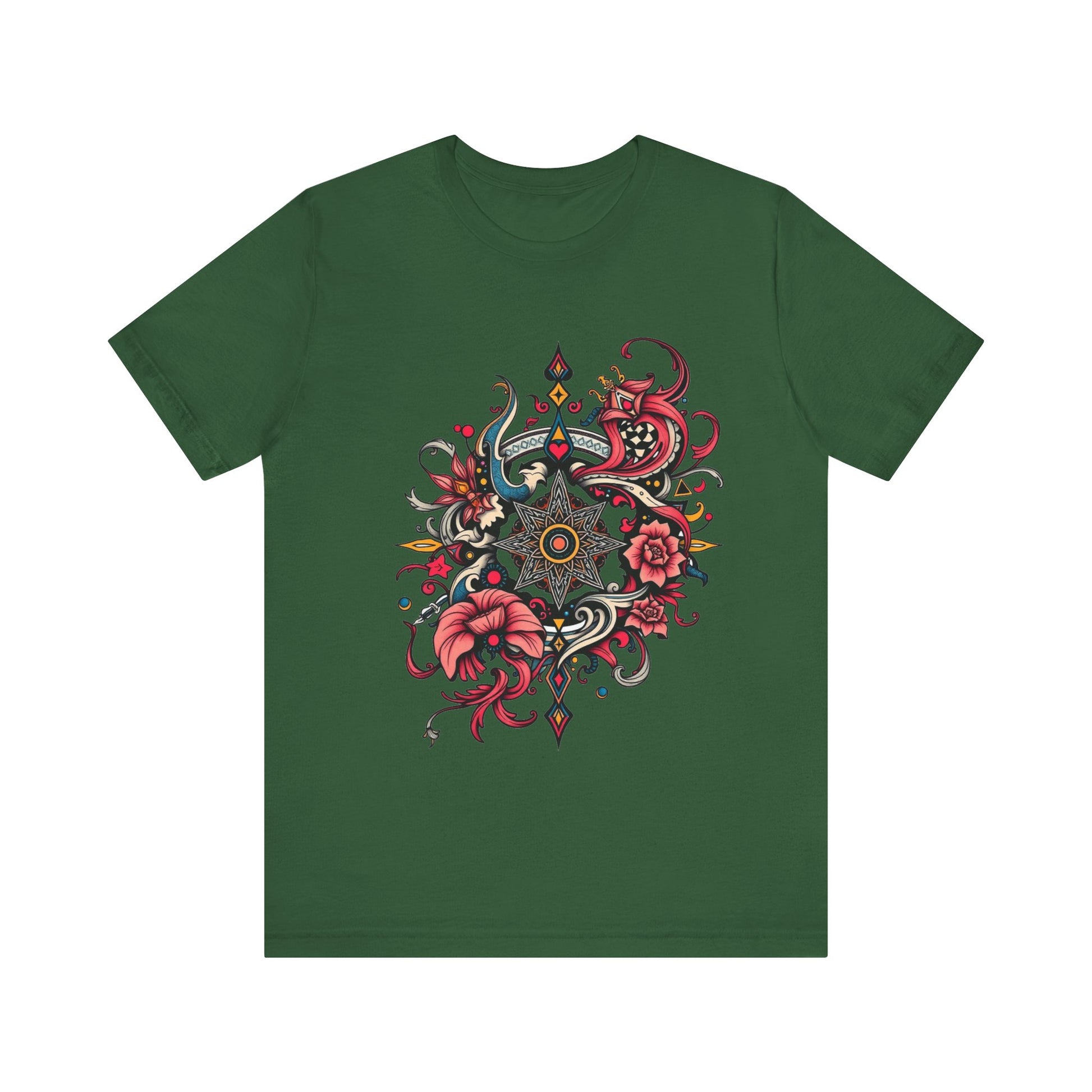 Vibrant tee with ornate red floral mandala design, offered in multiple bold color options